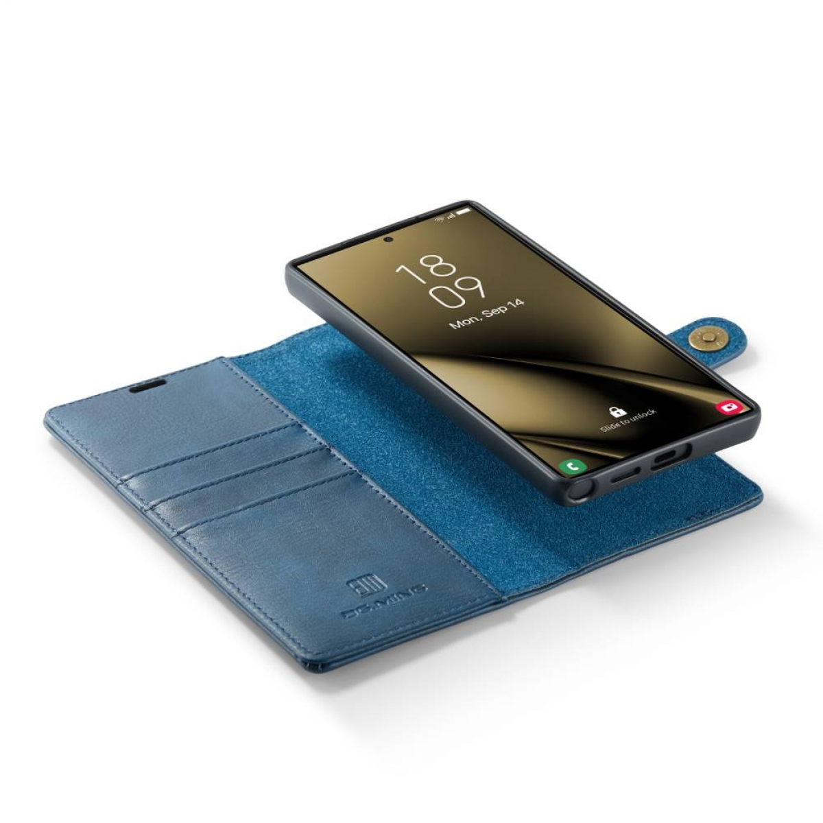 Ein Telefon in einer blauen Hülle, das den Bildschirm zeigt. Die Hülle ist offen.