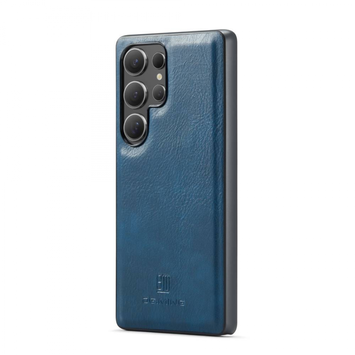 Blaue Handyhülle mit schwarzem Rahmen, zeigt Kamera und Markennamen.
