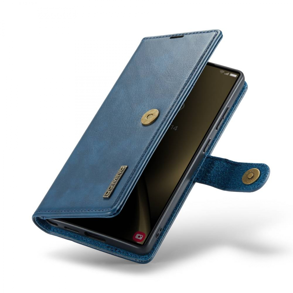 Blaue Handyhülle mit Telefon. Die Hülle ist geöffnet und zeigt den Bildschirm des Telefons.