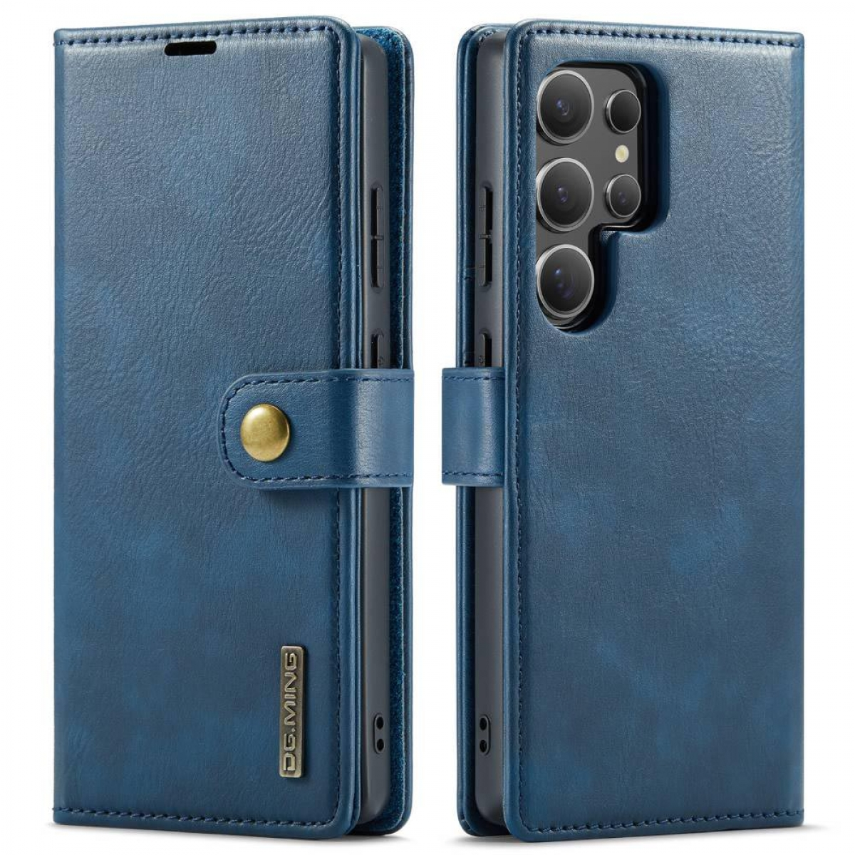 Blaue Leder-Handyhülle, geschlossen und offen. Kamera und Knopf des Telefons.