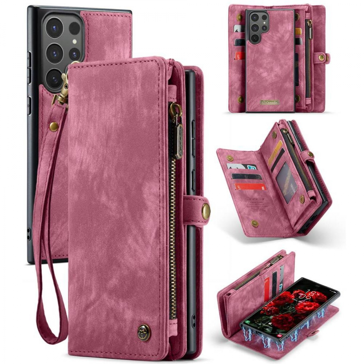 Rosafarbene Telefontasche mit mehreren Fächern, einem Telefon, das ein Datum und Karten anzeigt.