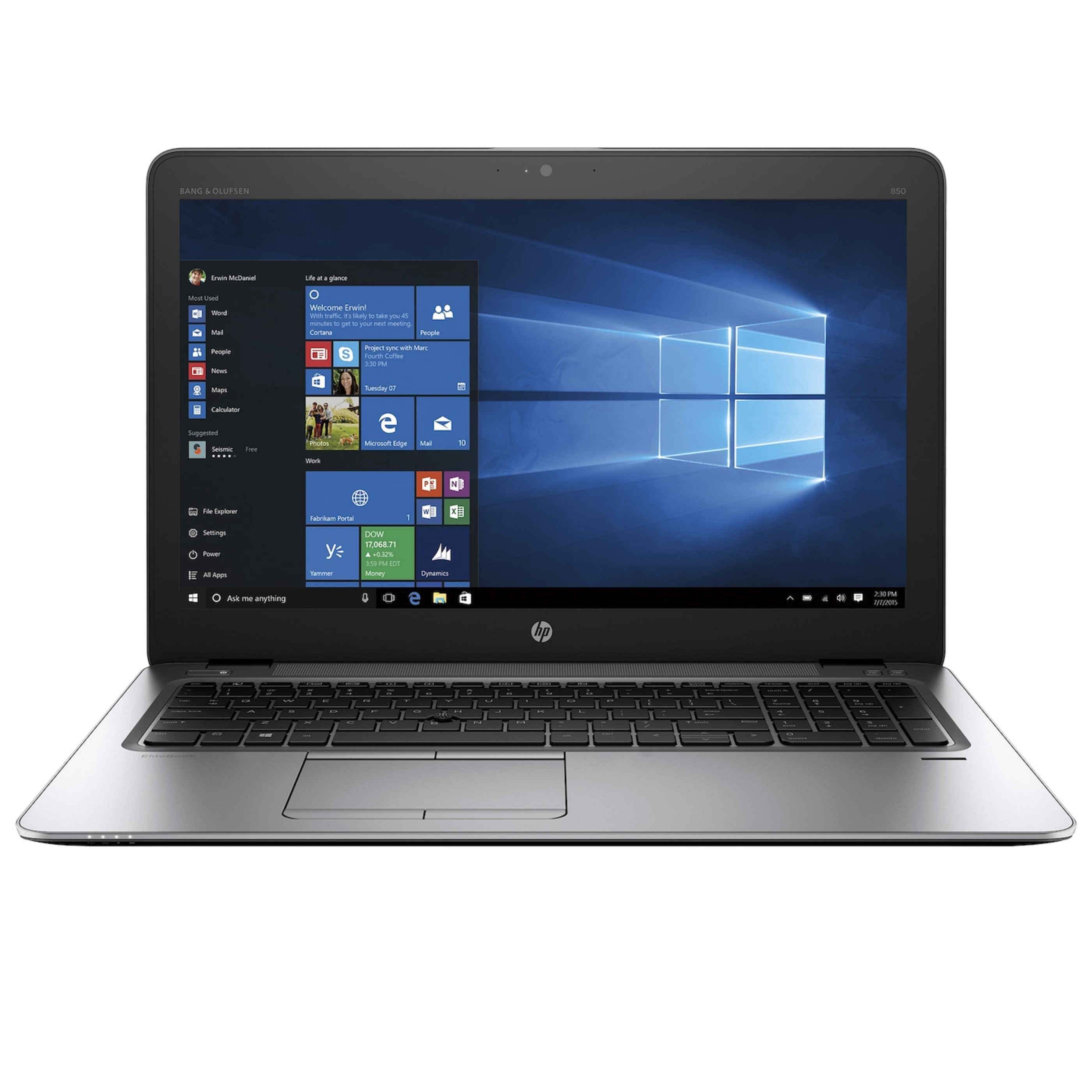 Laptop auf Weiß. Bildschirm zeigt Windows-Oberfläche. Tastatur darunter, Trackpad in der Mitte. Dunkelgrauer Rahmen.