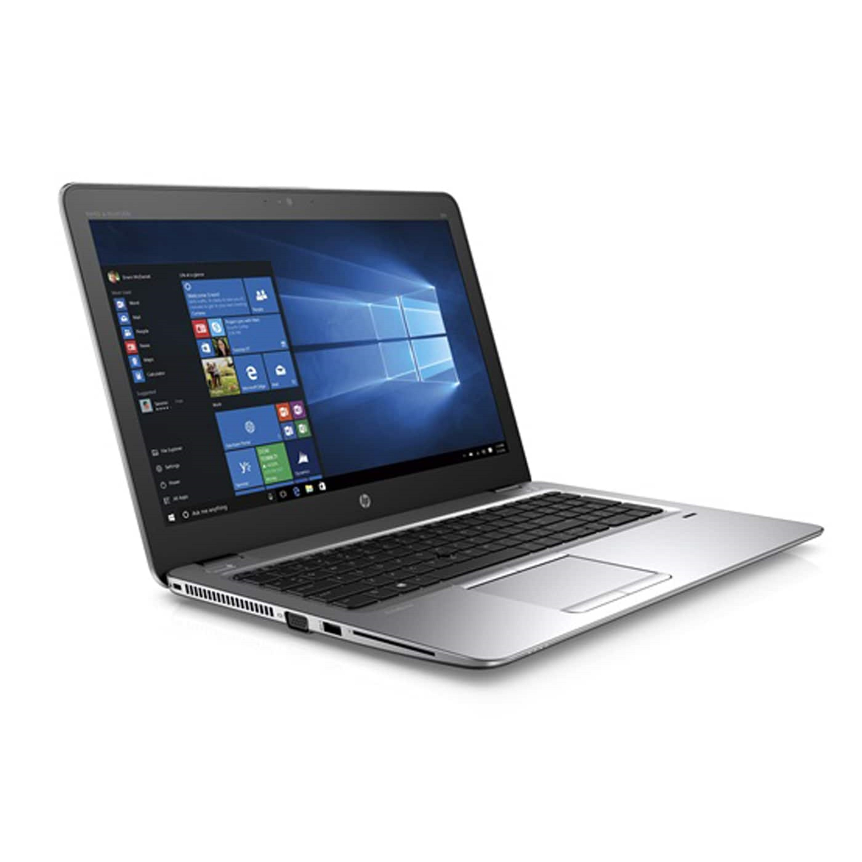 Silberner Laptop auf weißem Hintergrund. Der Bildschirm zeigt Windows. Der Laptop ist geöffnet, zum Betrachter geneigt.