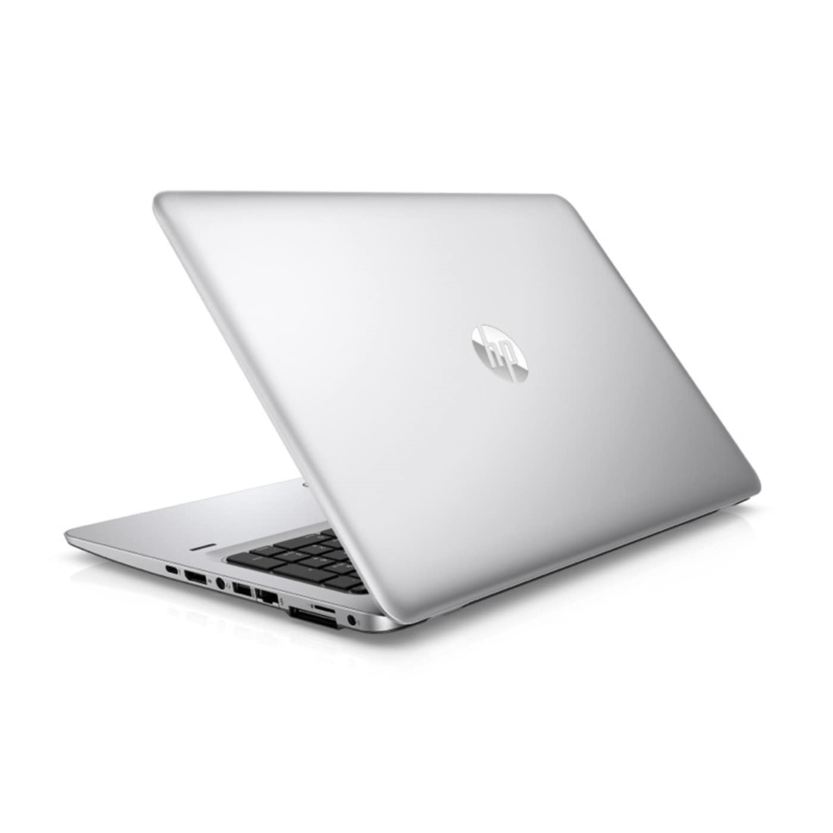 Silberner Laptop mit geschlossenem Deckel und HP-Logo auf weißem Grund.