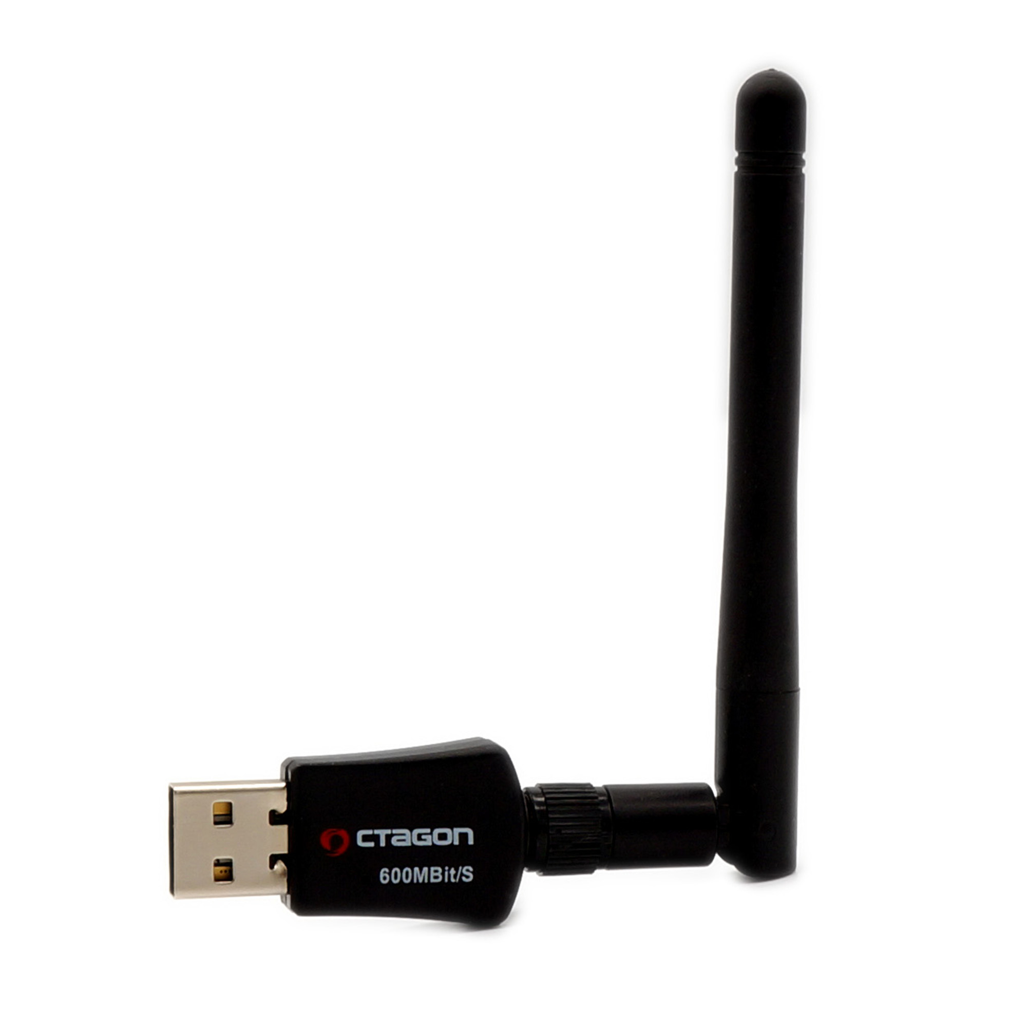 Ein schwarzer USB-WLAN-Adapter mit Antenne. Der Adapter ist an einen USB-Anschluss angeschlossen.
