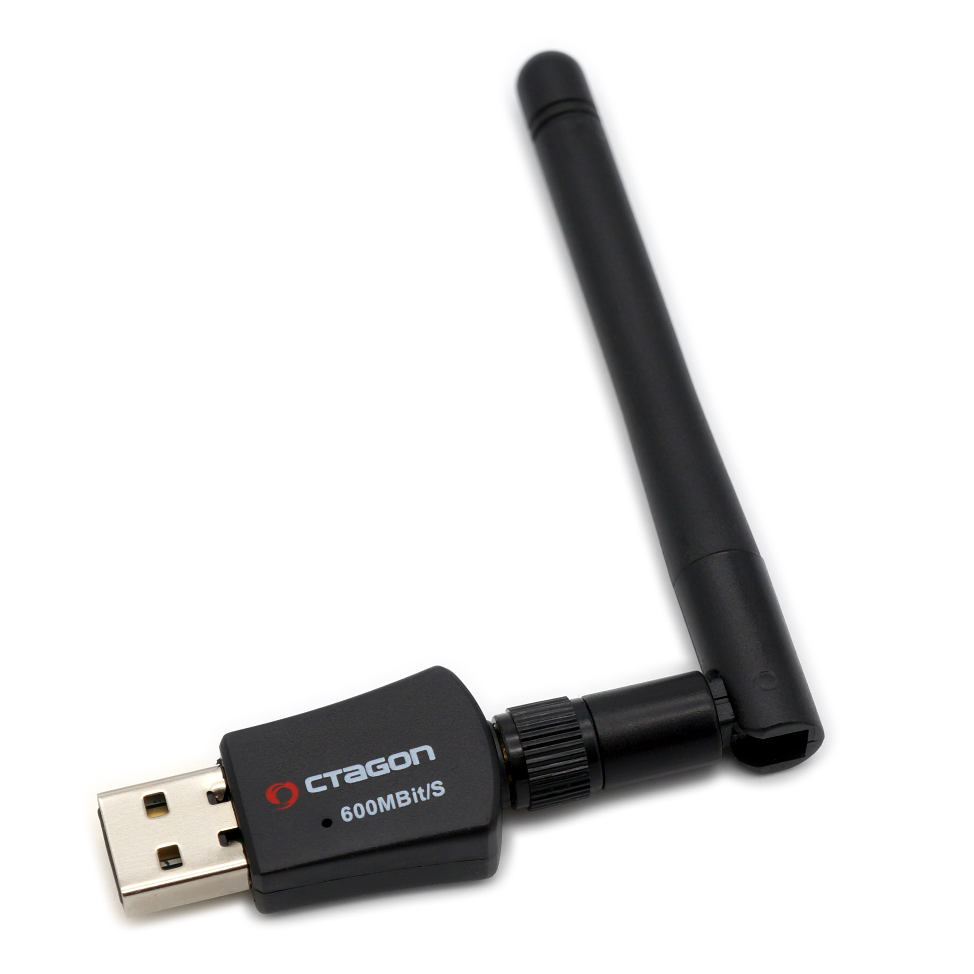 Ein schwarzer USB-WLAN-Adapter mit schwarzer Antenne, auf weißem Hintergrund.
