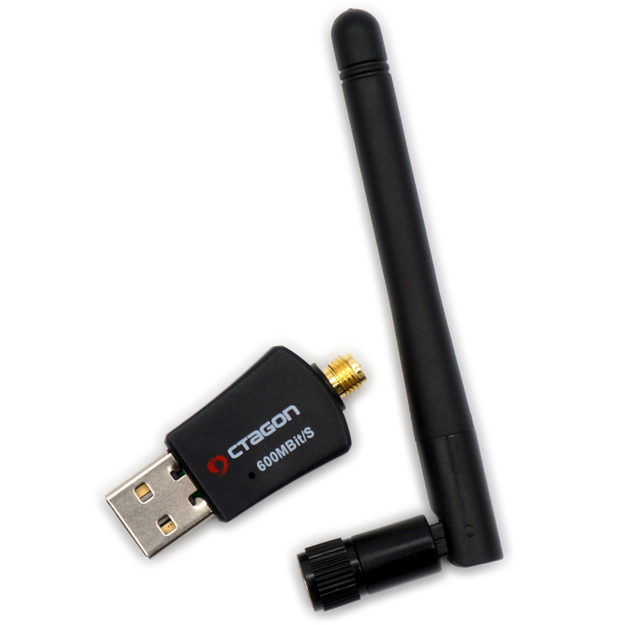 Ein schwarzer USB-WLAN-Adapter und eine schwarze Antenne mit Schraubanschluss auf weißem Hintergrund.