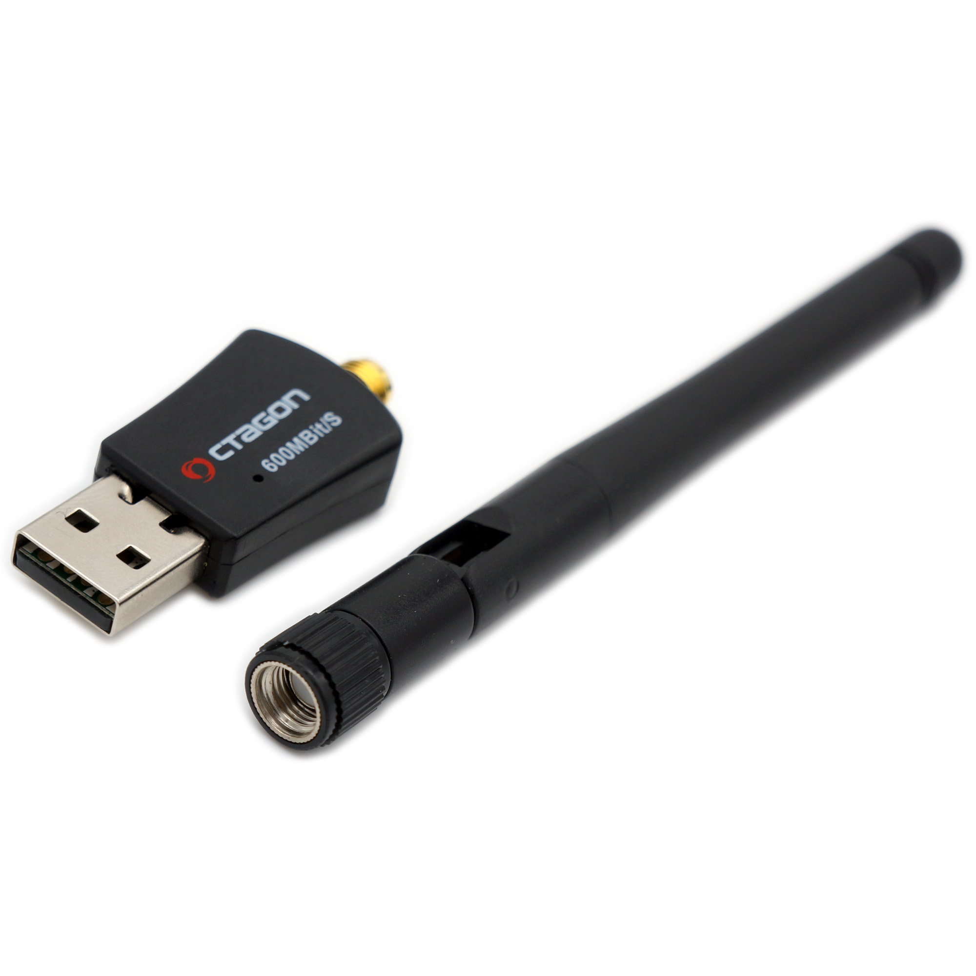 Ein schwarzer USB-WLAN-Adapter und eine abnehmbare Antenne. Der Adapter hat das Octagon-Logo.