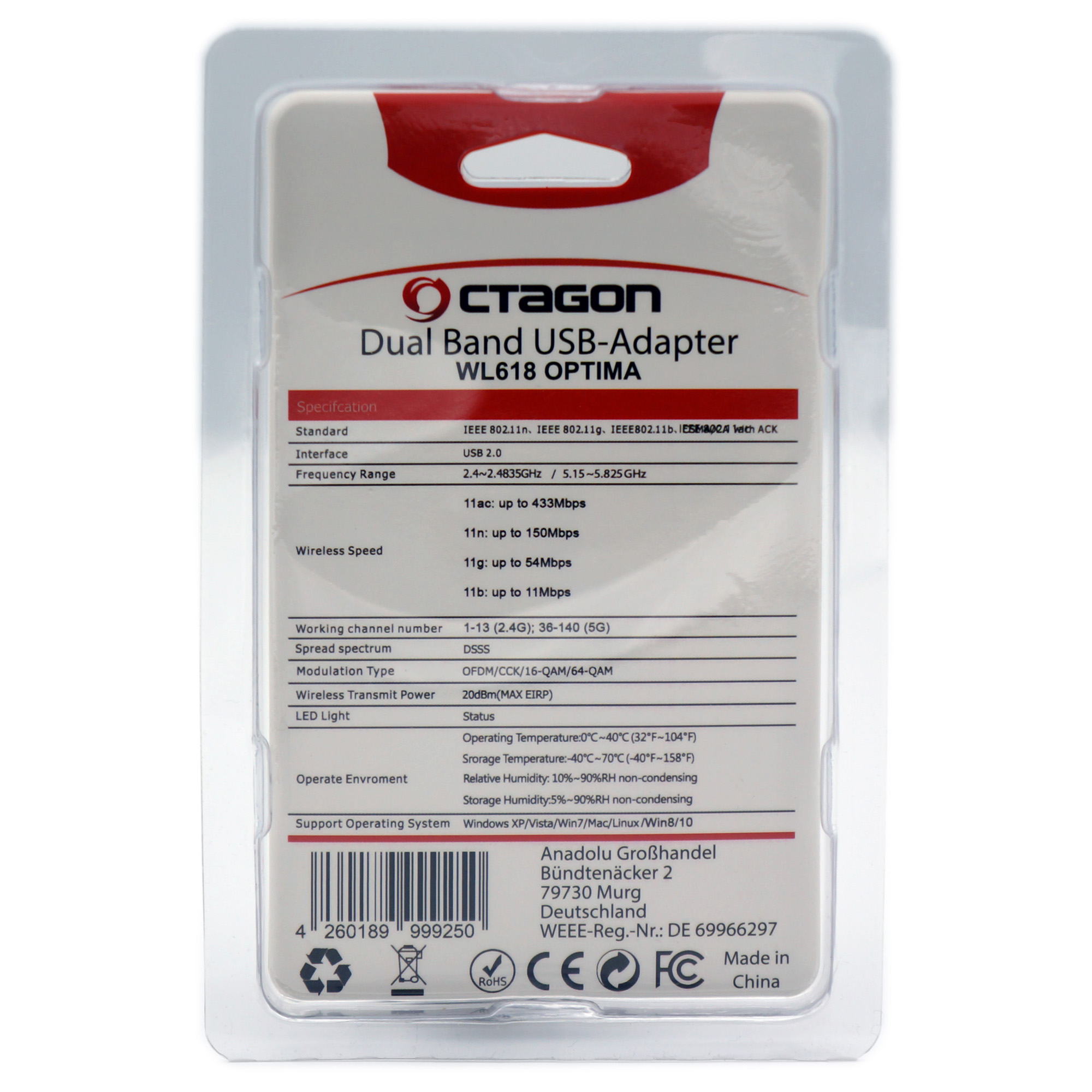 Ein schwarz-weißes Produktspezifikationsblatt für einen Dualband-USB-Adapter.