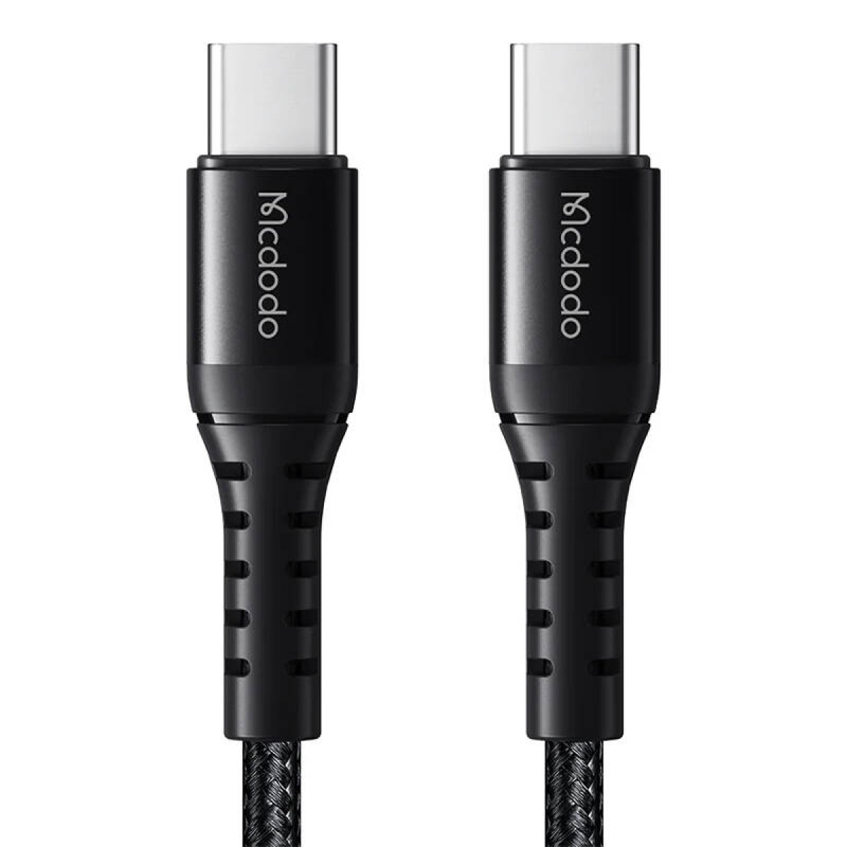 Due cavi USB-C neri, con il logo Mcdodo, su sfondo bianco.