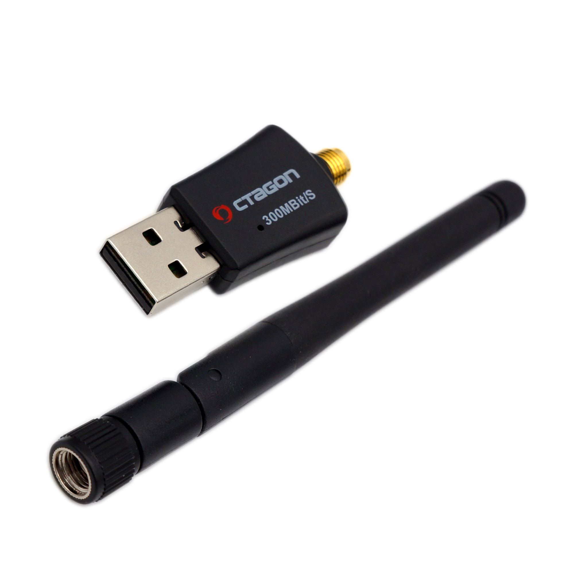 Schwarzer USB-WLAN-Adapter mit Antenne. Der Adapter hat das Cragon-Logo. Weißer Hintergrund.