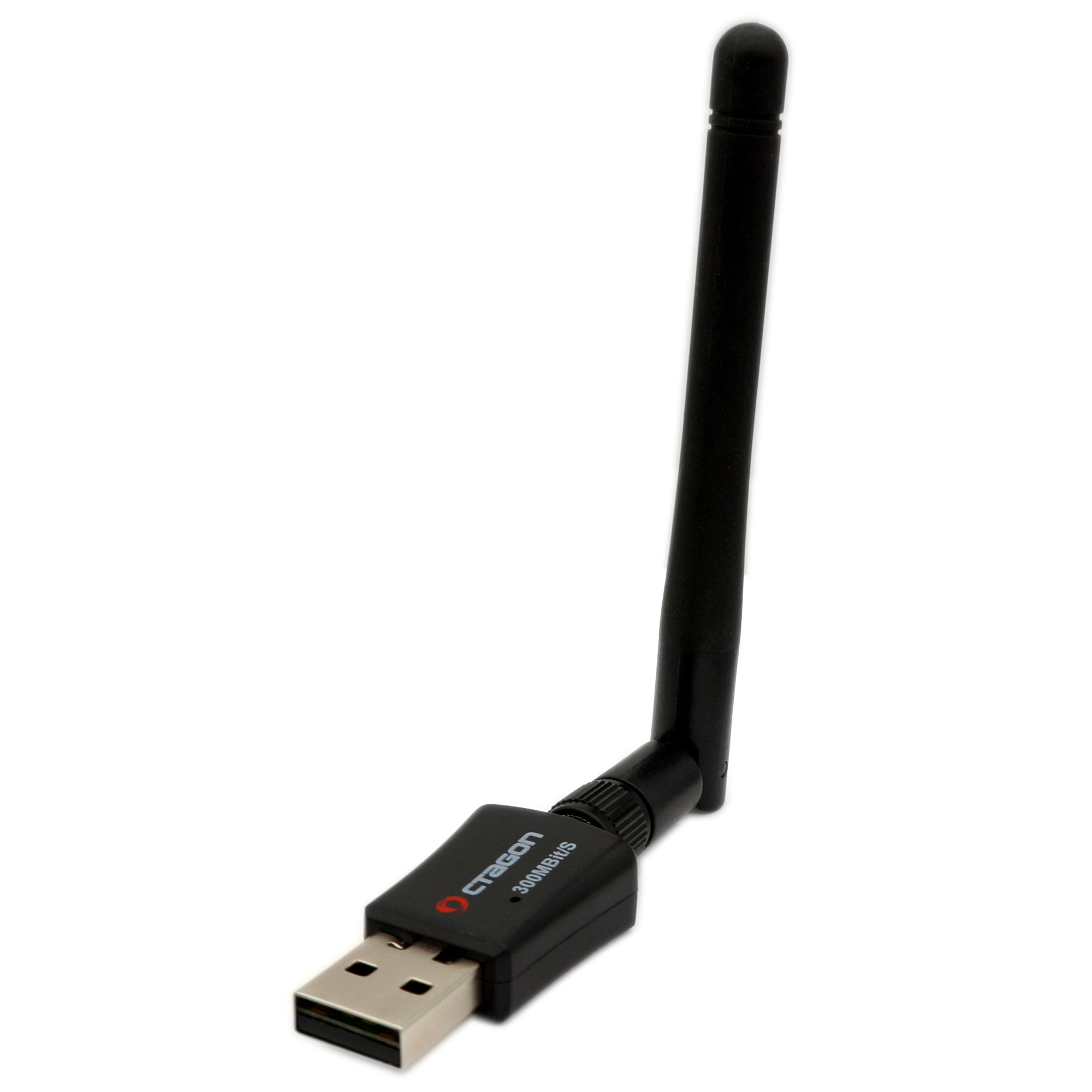 USB-WLAN-Adapter mit Antenne. Schwarze Farbe, weißer Hintergrund. Abgewinkelt, isoliert.