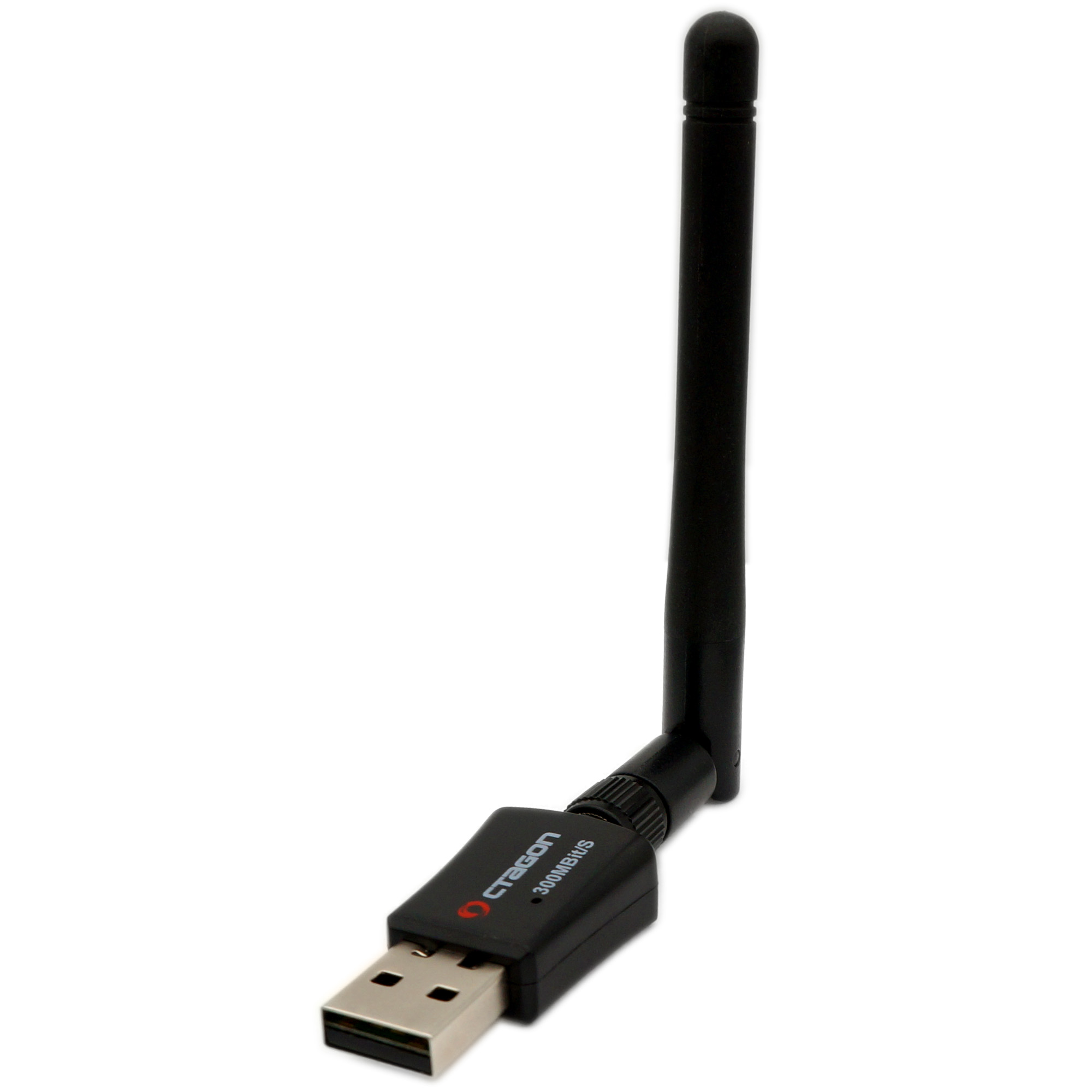 Ein schwarzer USB-WLAN-Adapter mit langer Antenne, gebrandet mit dem Logo 'Stagon'.