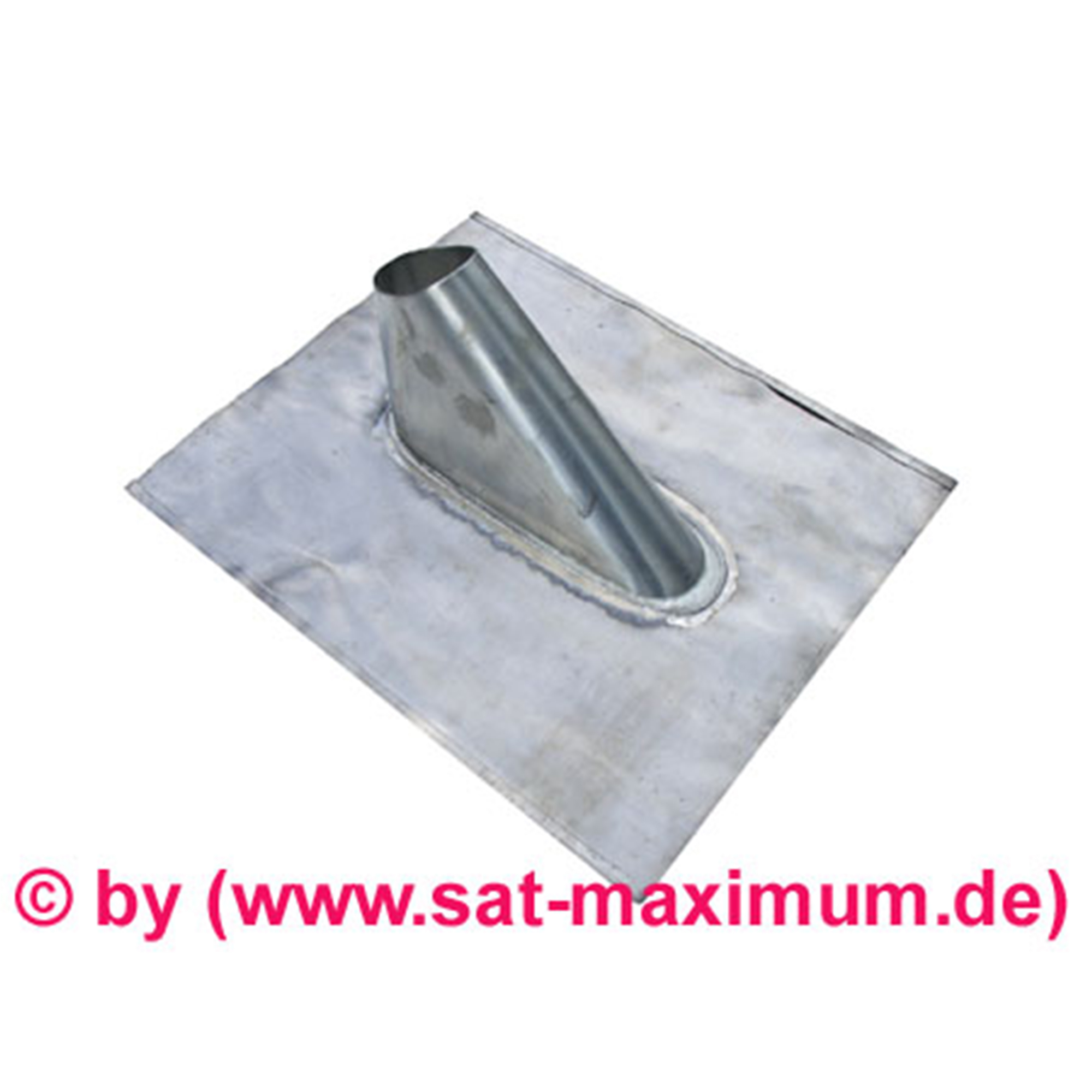 Ein Metalldachblitz mit Rohr und Text von www.sat-maximum.de auf weißem Hintergrund.
