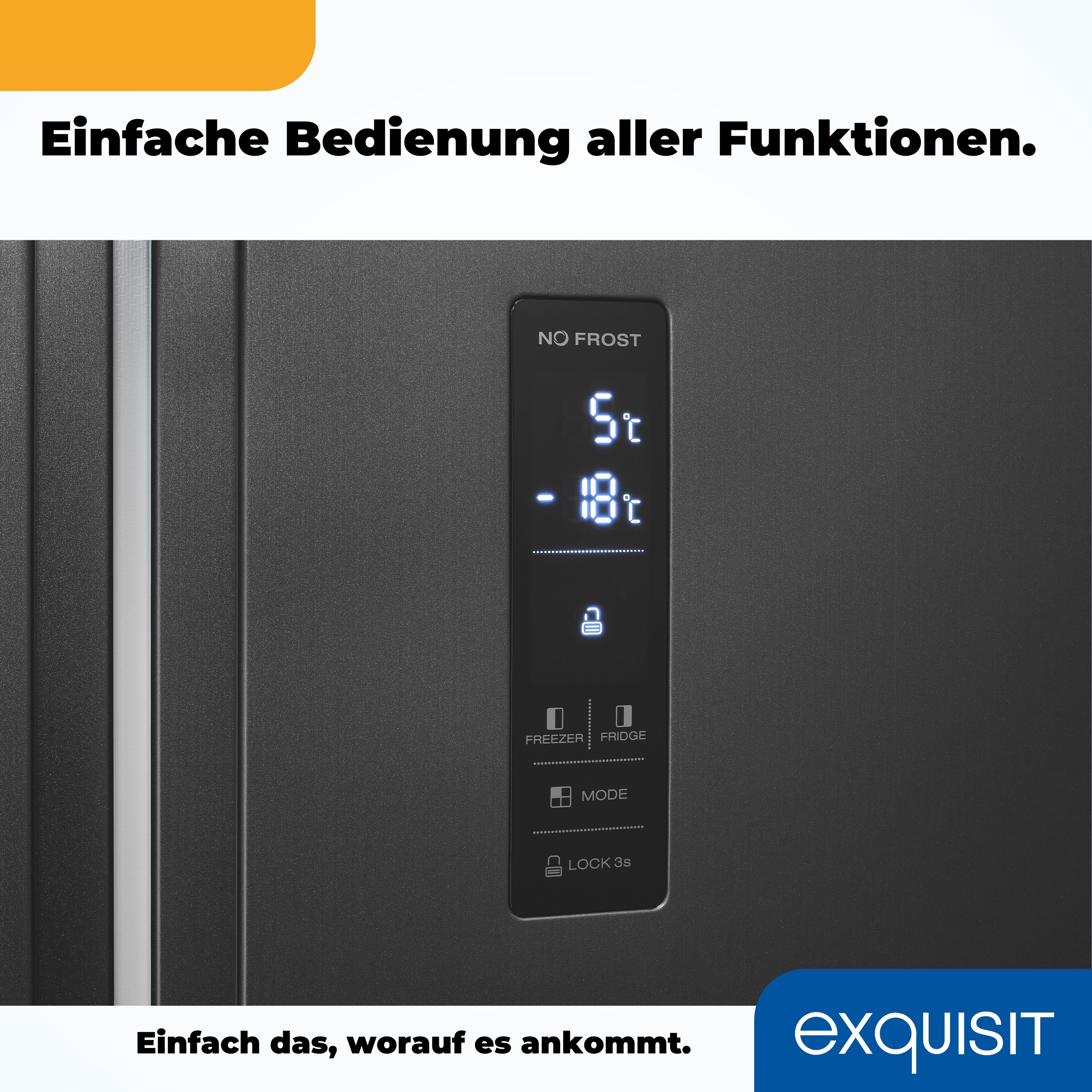 Nahaufnahme des Bedienfelds eines Kühlschranks mit Einstellungen und digitaler Anzeige.
