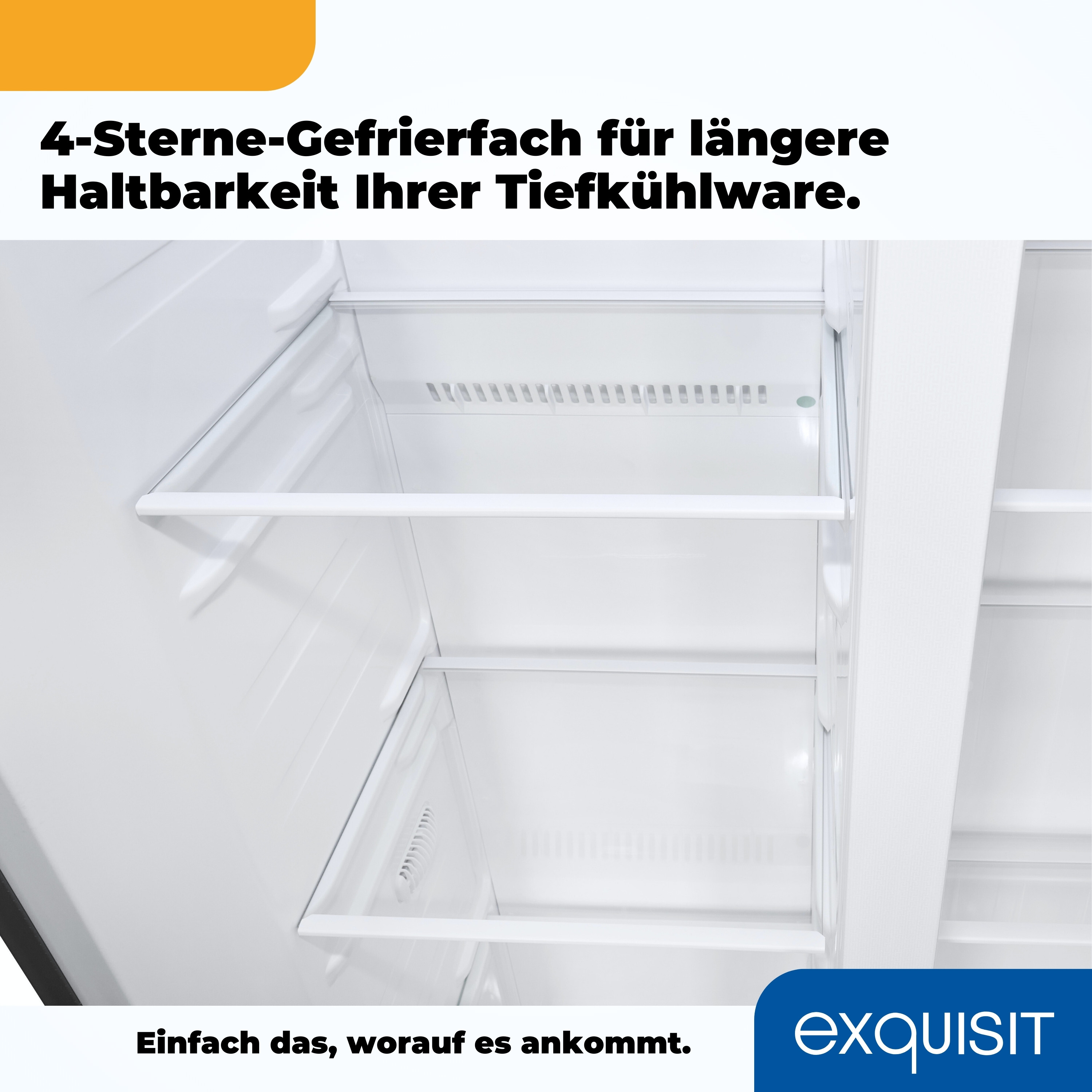 In einem weißen Kühlschrank mit Glasböden. Text auf Deutsch: 4-Sterne-Gefrierfach für längere Haltbarkeit.