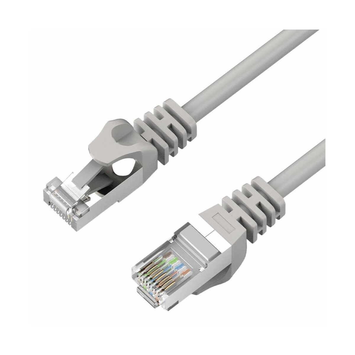 Graues Ethernet-Kabel mit RJ45-Anschlüssen auf weißem Untergrund.