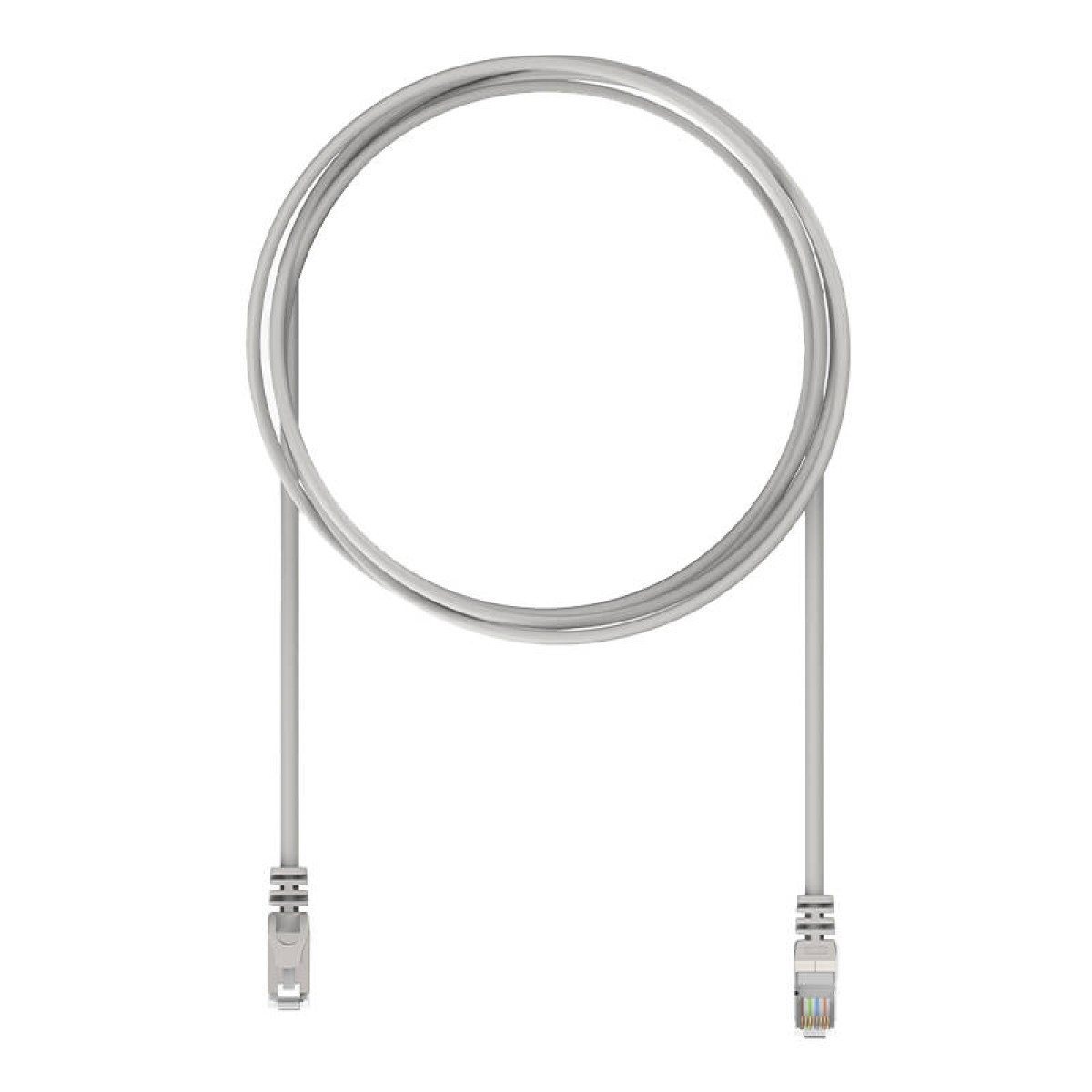 Graues Ethernet-Kabel. Zwei Stecker an jedem Ende, weißer Hintergrund.
