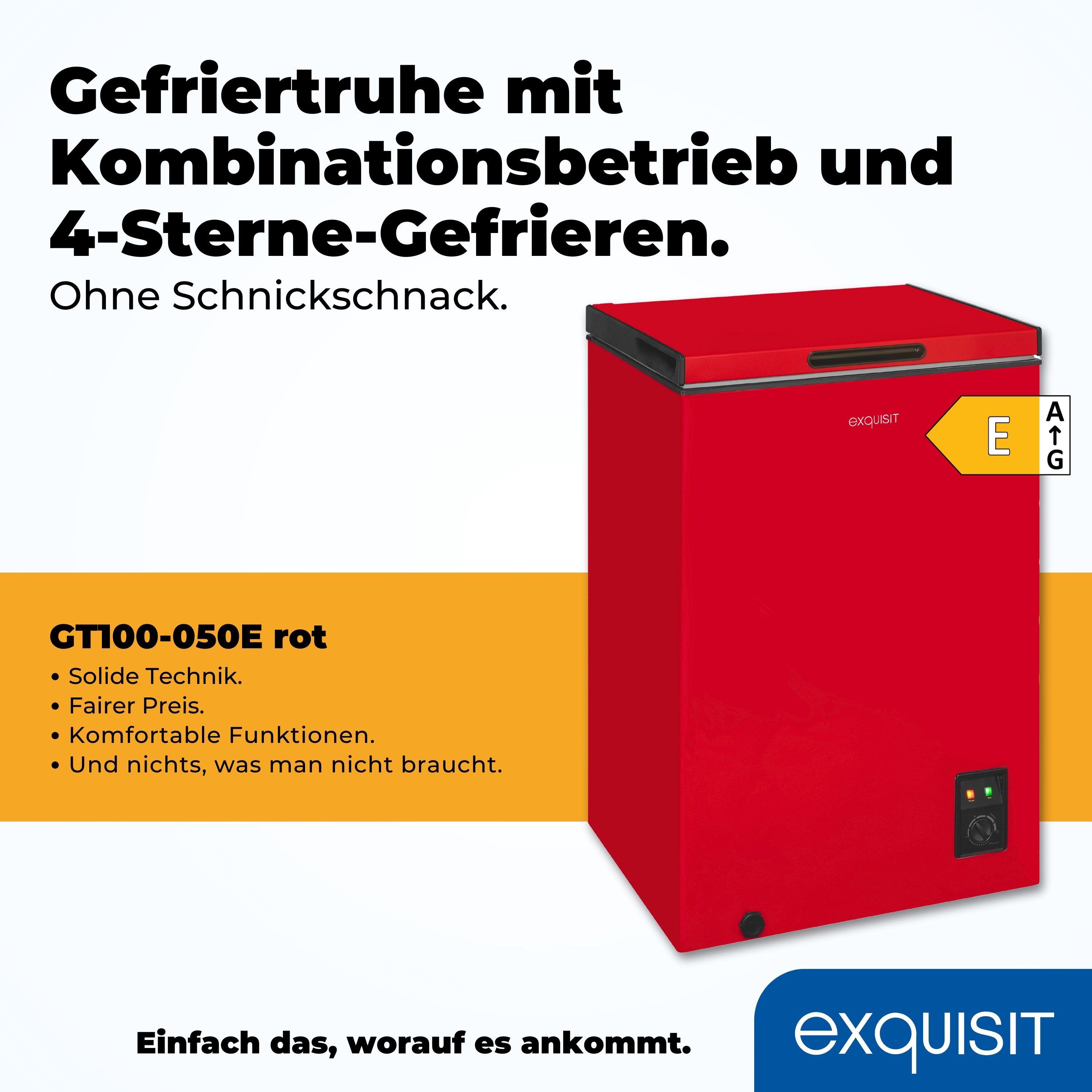Roter Kühlschrank mit Exquisit-Logo und Energielabel.