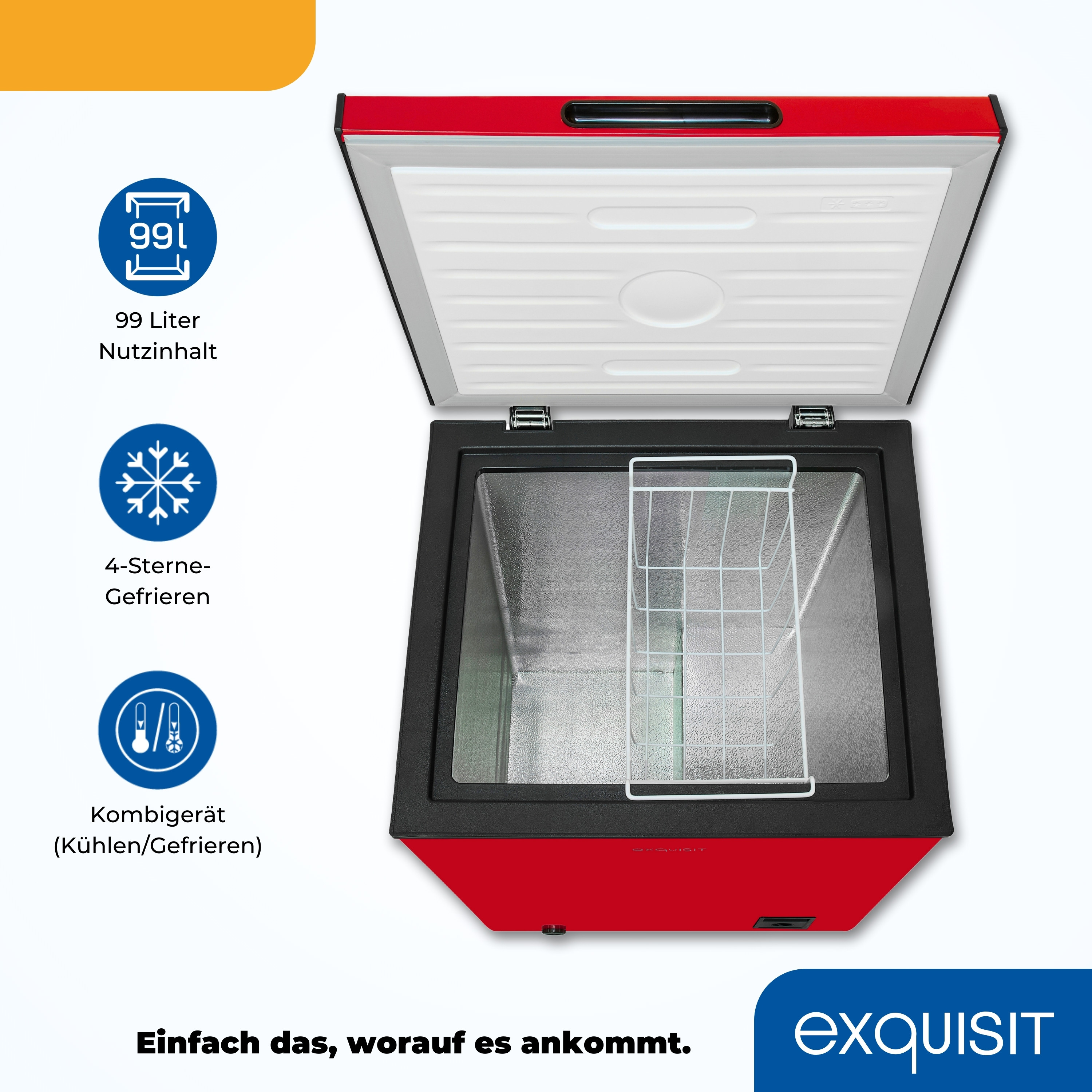 Roter Truhen-Gefrierschrank mit offenem Deckel. Innen: ein weißer Drahtkorb. Weißer Hintergrund.