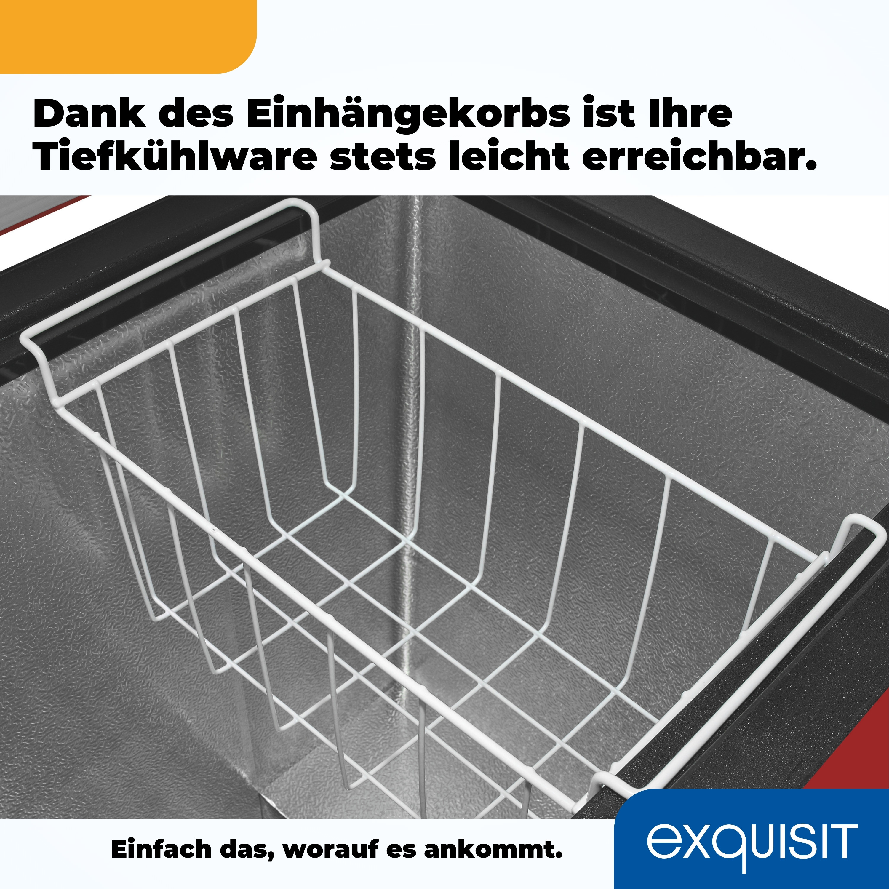 Weißer Drahtkorb in einem Gefrierschrank. Text: 'Dank des Einhängekorbs ist Ihre Tiefkühlware stets leicht erreichbar'.