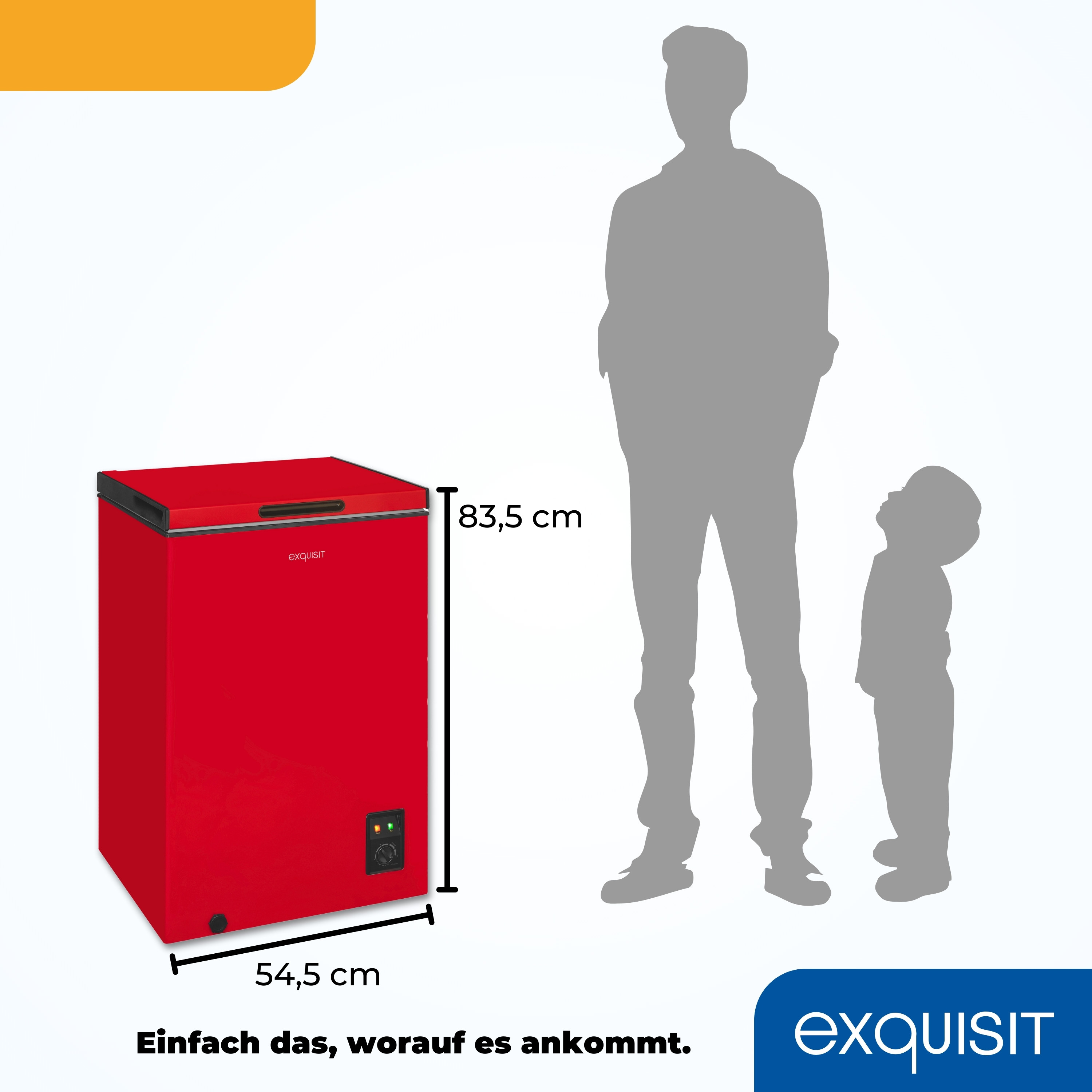 Roter Gefrierschrank mit Mann- und Kindsilhouette. Abmessungen und Markenlogo sichtbar.
