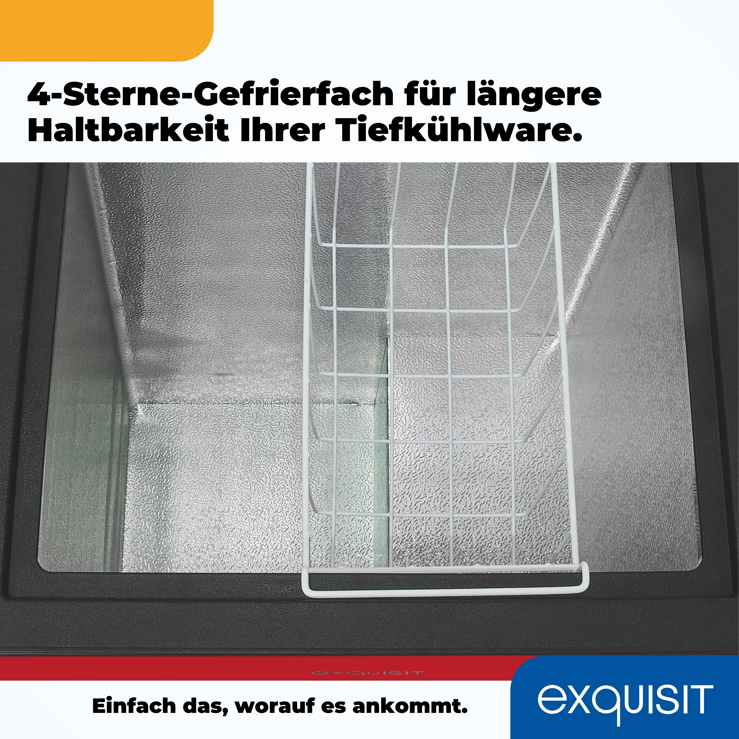 Gefrierfachinnenraum mit weißem Korb und schwarzem Rahmen.