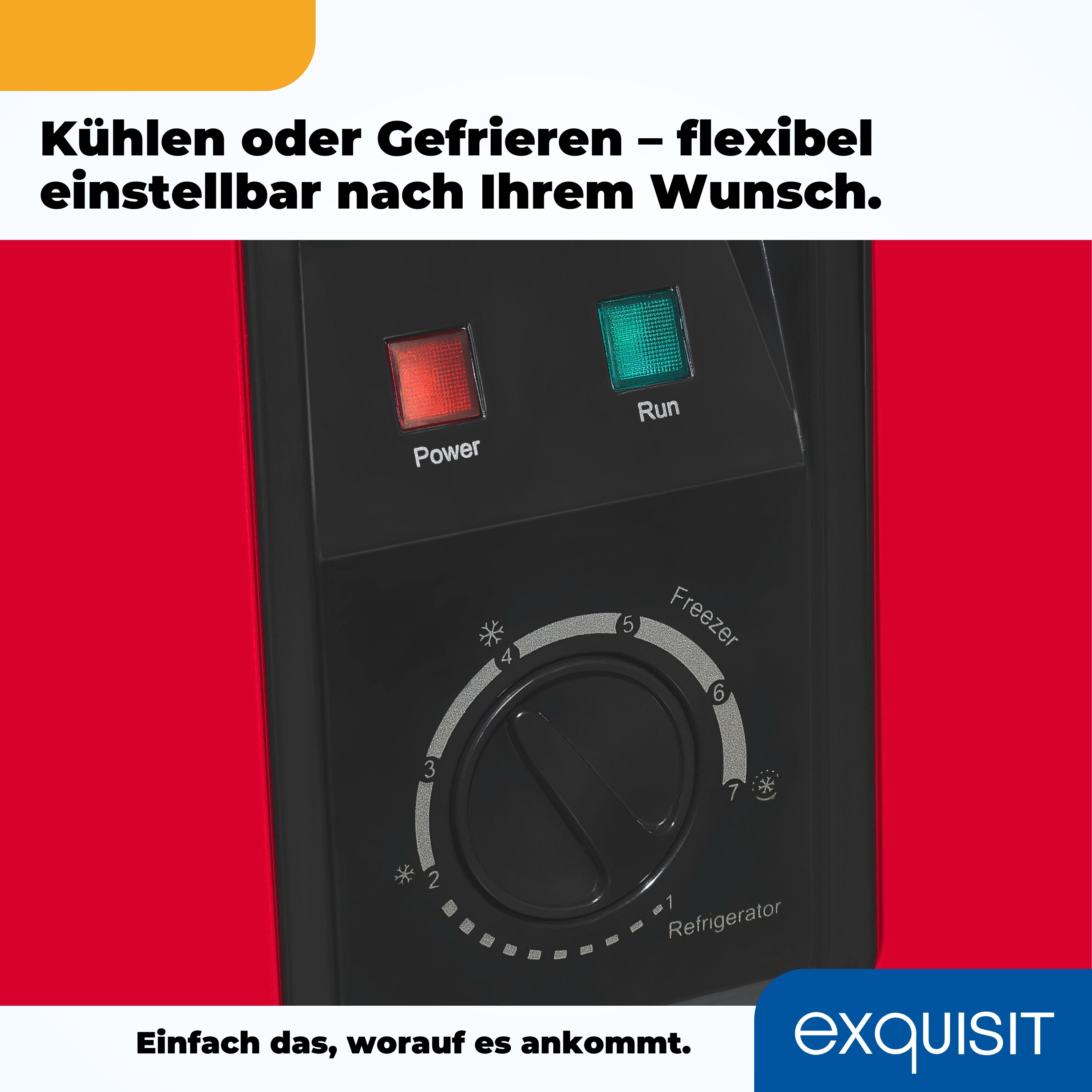Eine rote Gerätebedienfeld mit einem Drehregler für die Temperatur und Tasten für Strom und Betrieb.