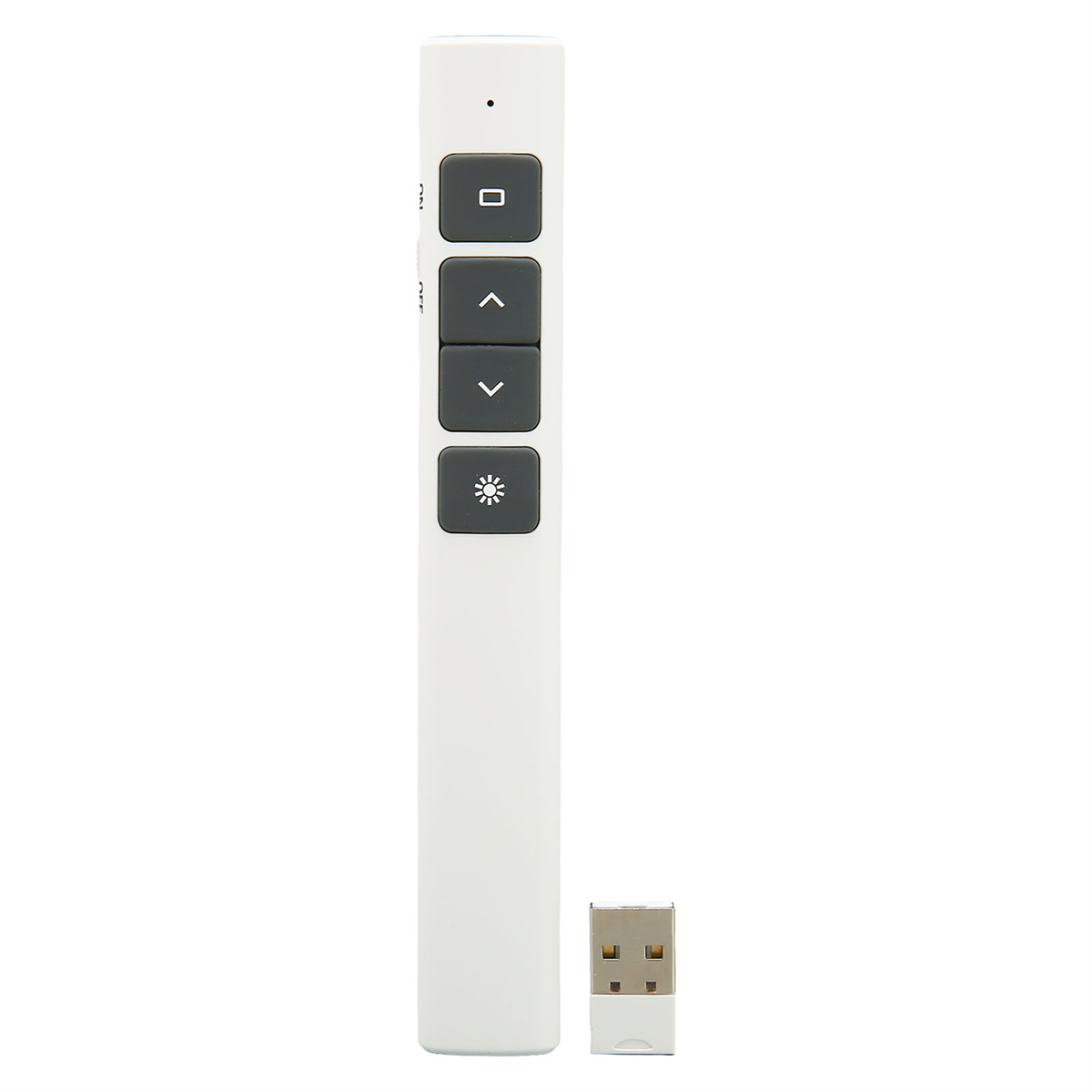 Weiße Präsentationsfernbedienung mit schwarzen Knöpfen und USB-Empfänger.