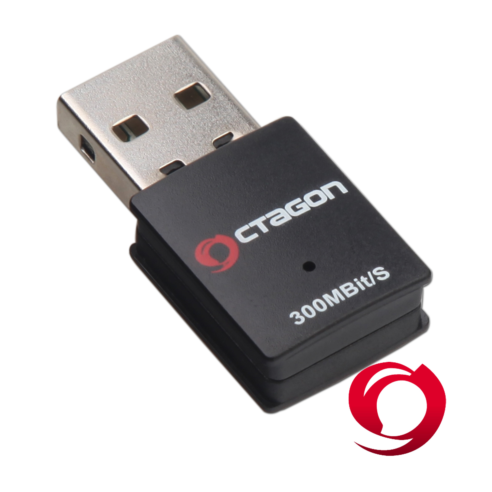 Schwarz-silberner USB-WLAN-Adapter mit Octagon-Logo und Text.