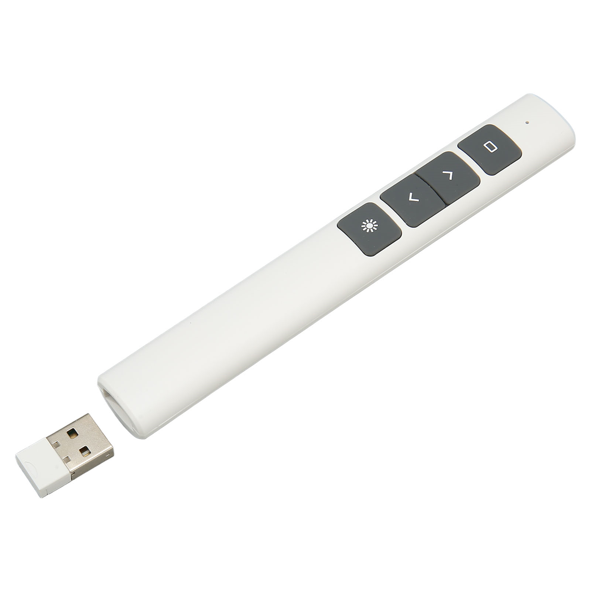 Eine weiße Präsentationsfernbedienung mit Knöpfen und einem USB-Empfänger auf weißem Grund.