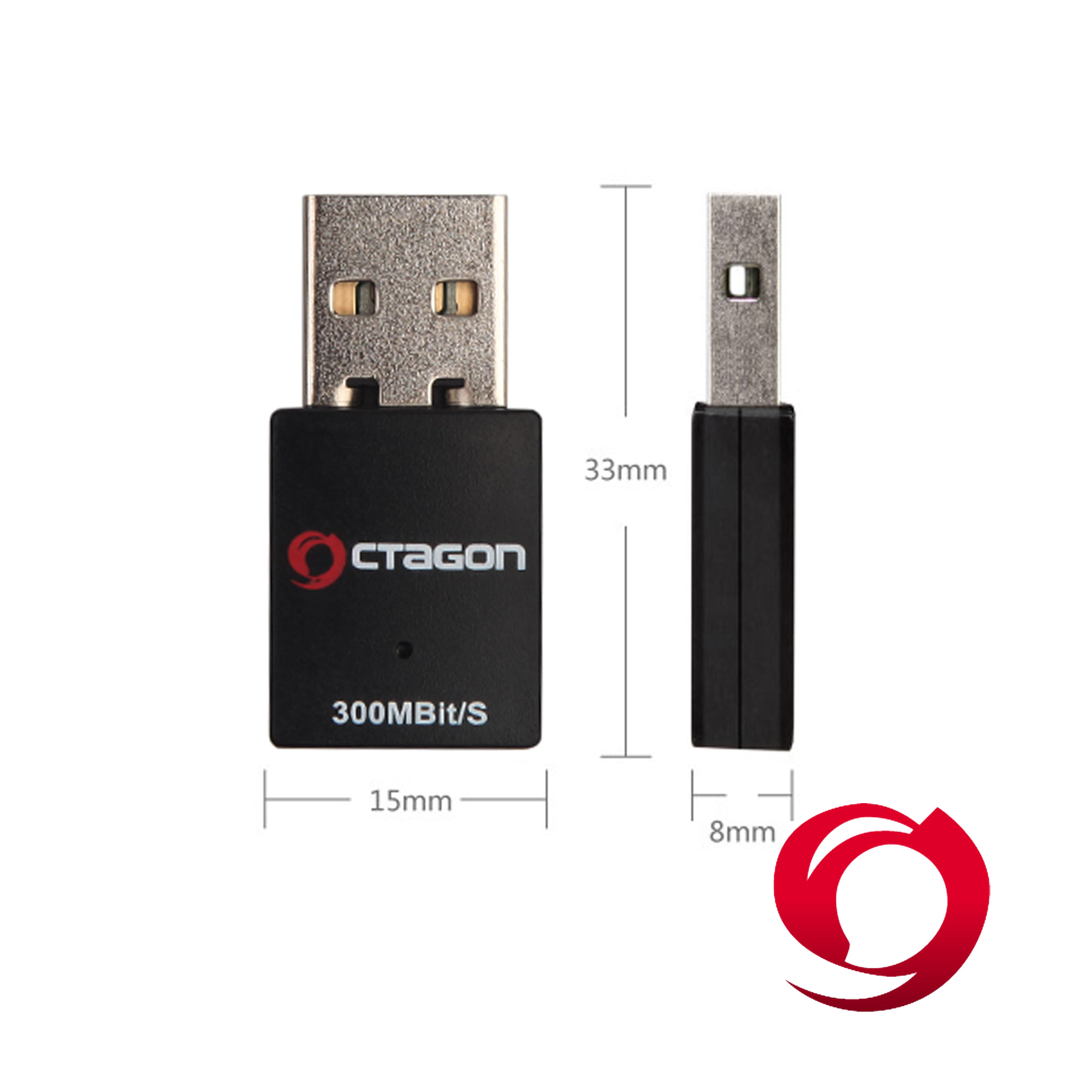 Ein schwarzer USB-Adapter mit Logo und Text.