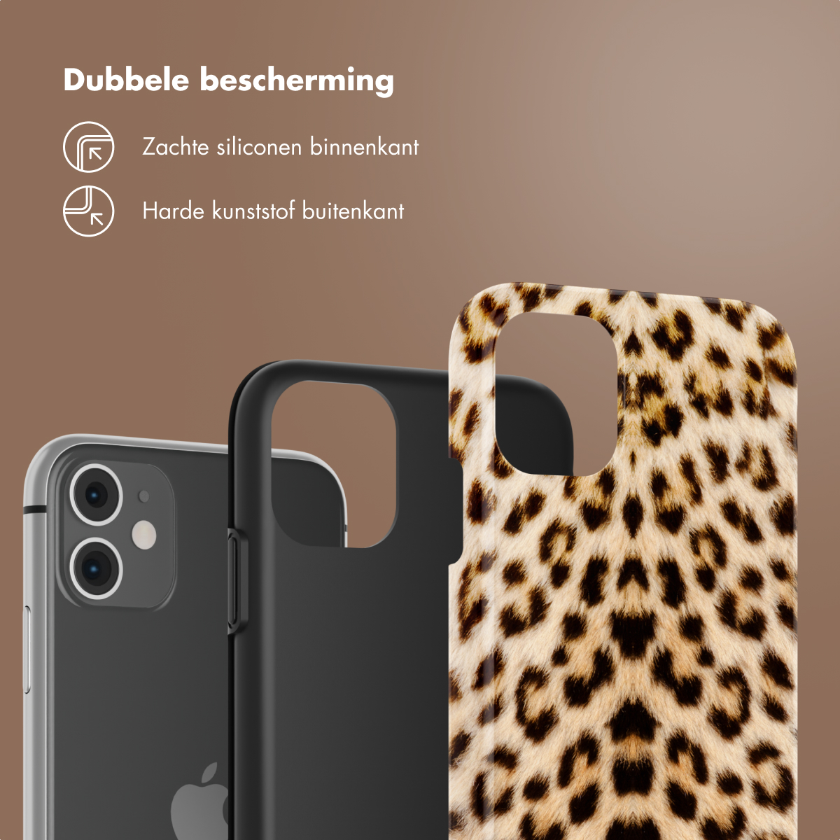 Couches de coque de téléphone, montrant un intérieur noir, un cadre noir et un extérieur à imprimé léopard.