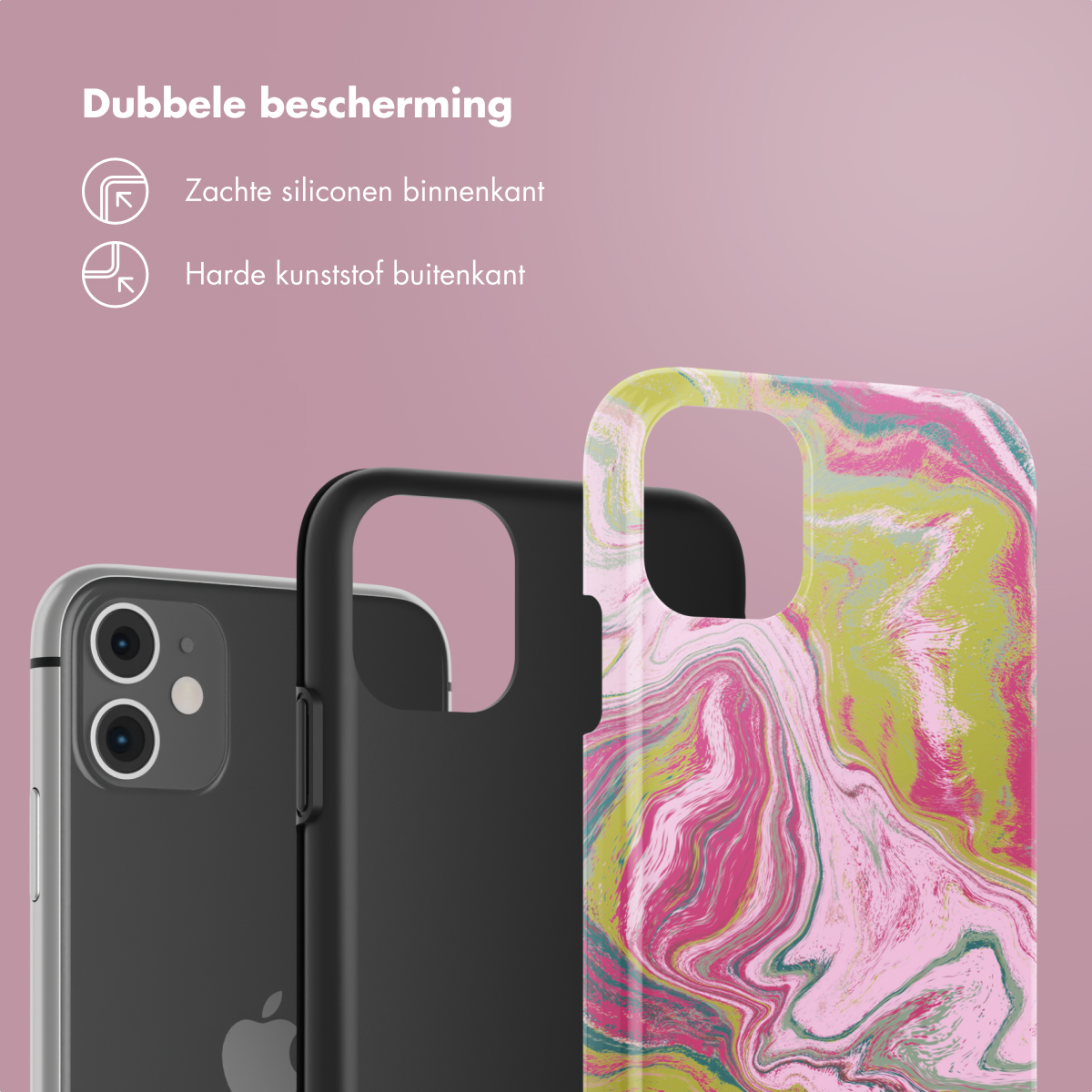 Primo piano di custodie per telefoni. Nero, argento e un design marmorizzato colorato. Testo in alto.
