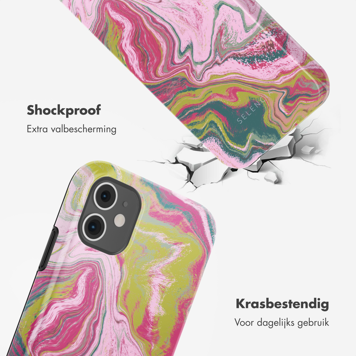 Due custodie per telefono con design marmorizzato rosa, verde e giallo. Una sta cadendo, rompendo il pavimento. Testo: Antiurto, Resistente ai graffi.