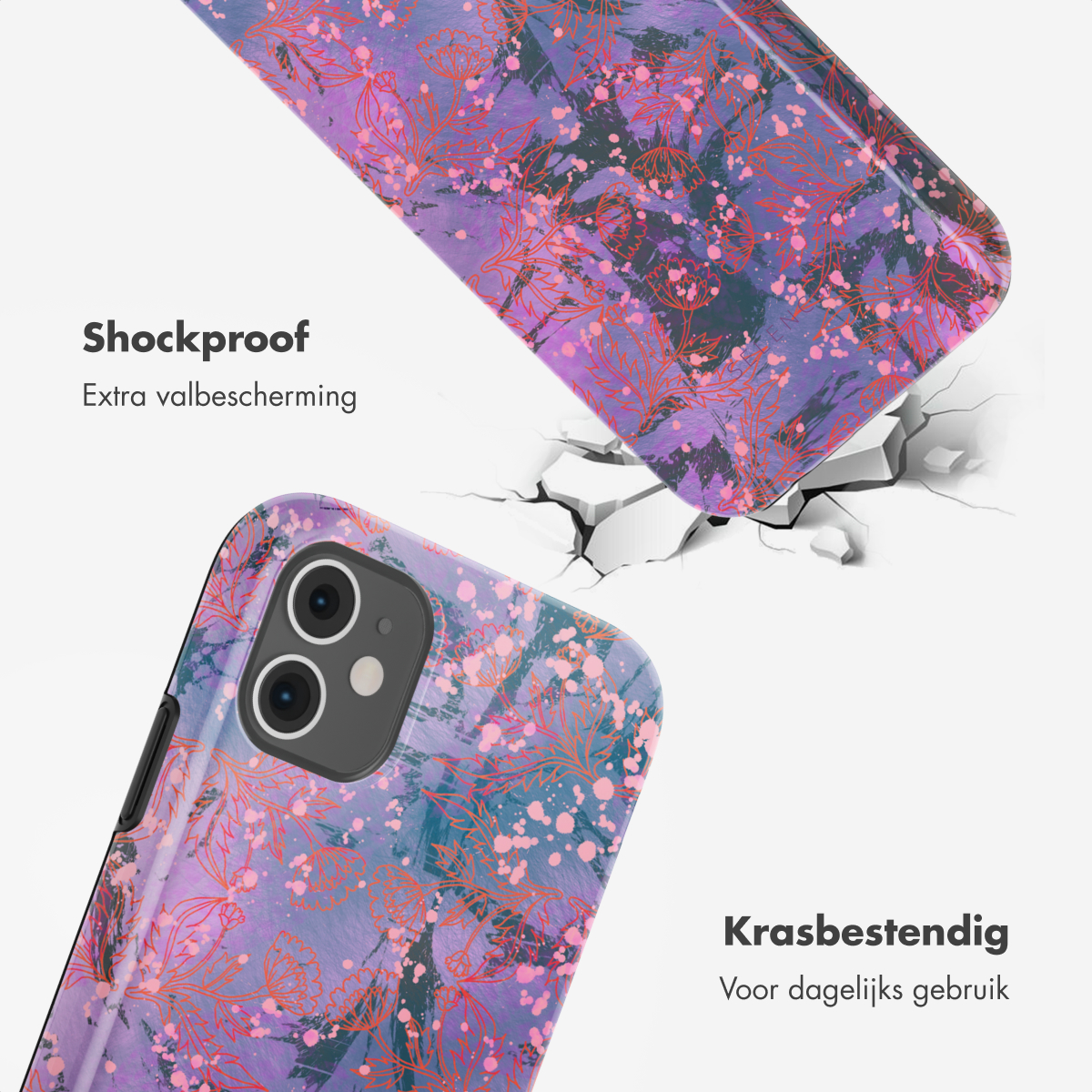 Custodia per telefono con un design colorato. La custodia è viola con dettagli rosa e blu. È antiurto e resistente ai graffi.