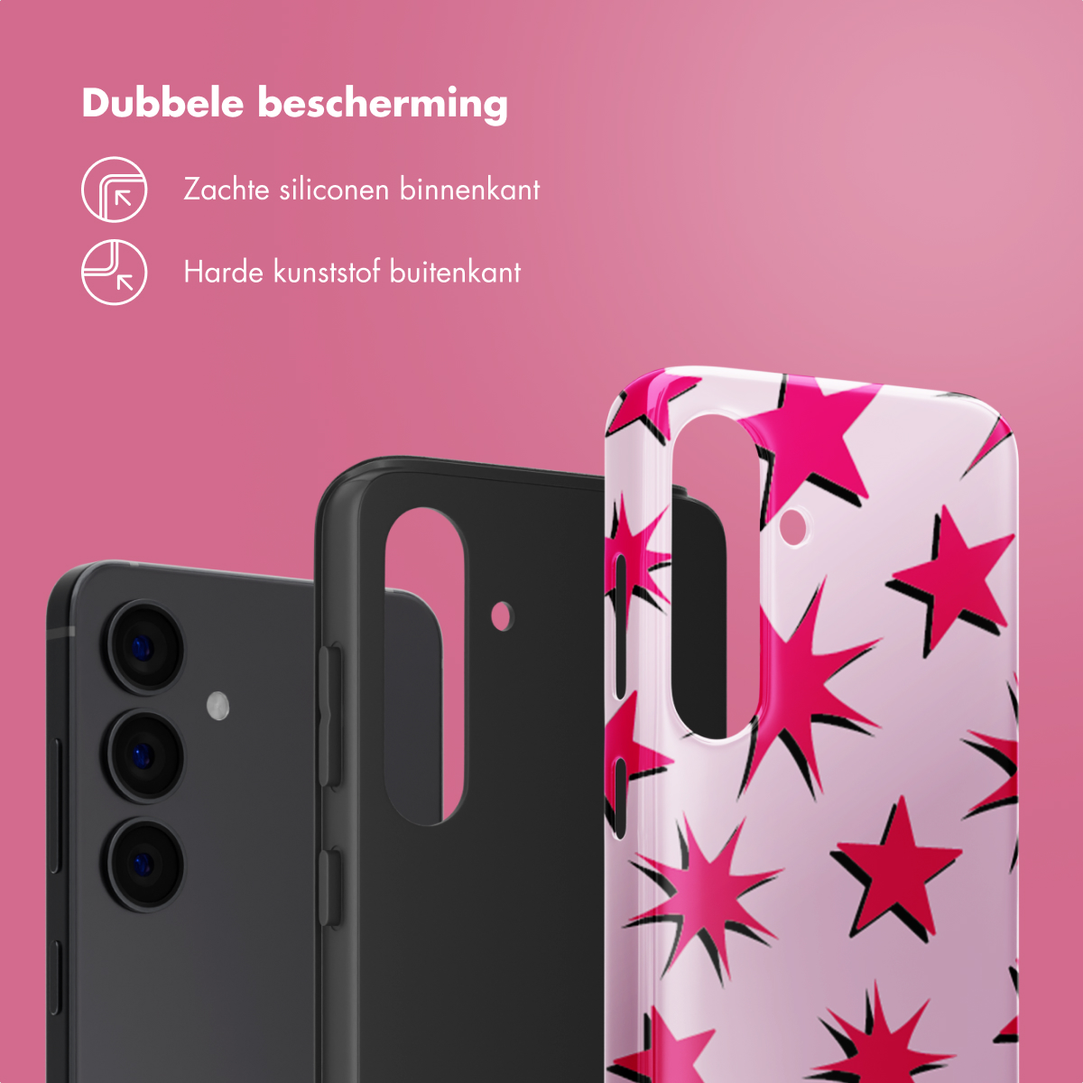 Custodie per telefono con motivo a stelle rosa. Uno è su un telefono e l'altro è mostrato da solo.