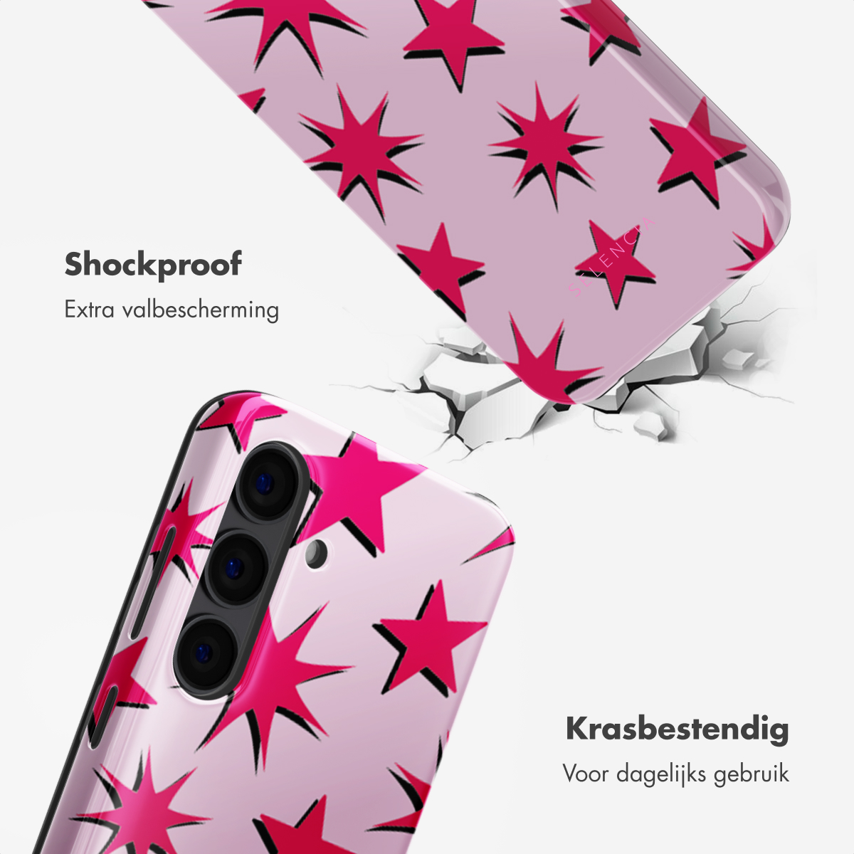 Custodia per telefono rosa con motivo a stelle, due custodie mostrate, una incrinata. Testo: Antiurto, resistente ai graffi.