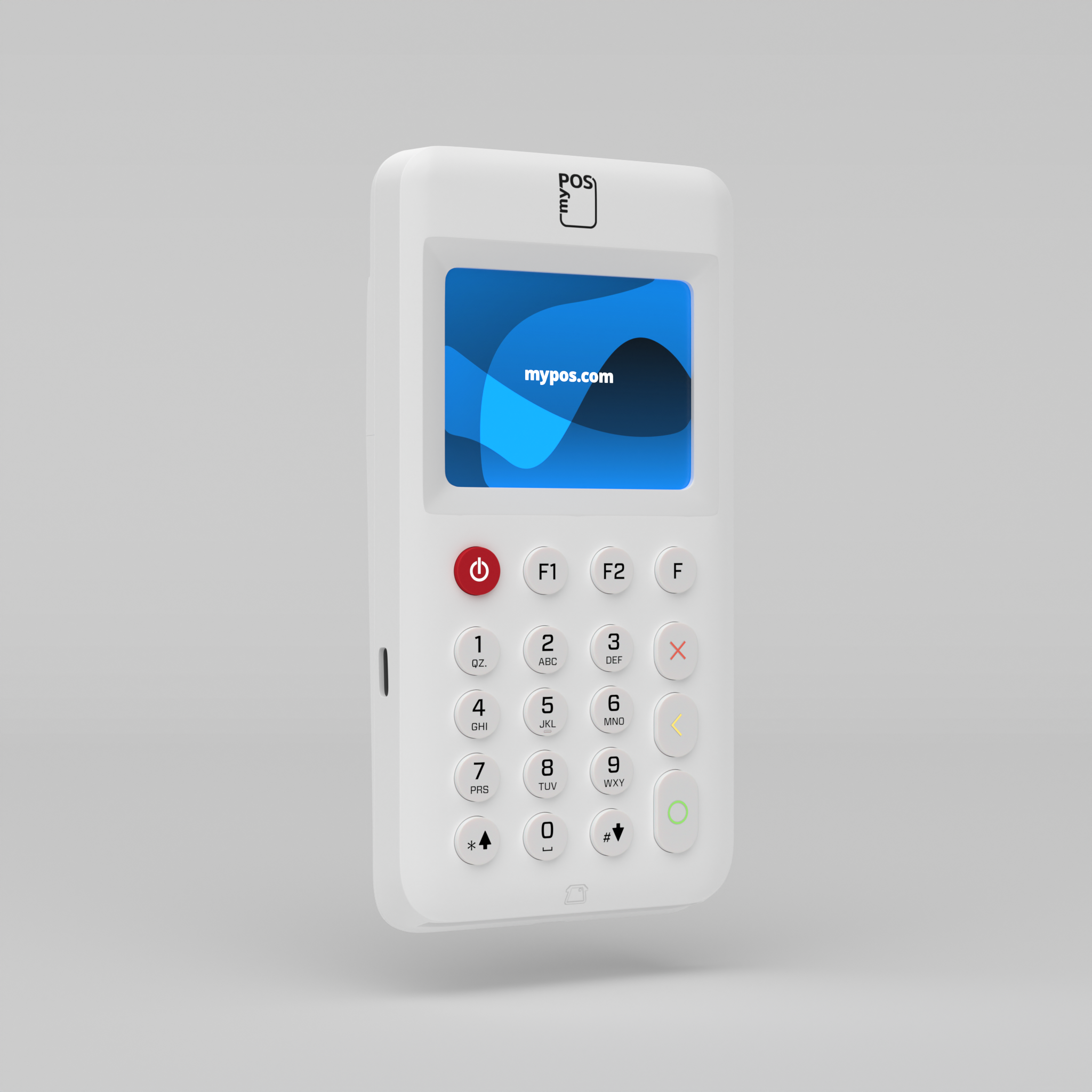 Una terminal POS blanca con una pantalla que muestra 'mypost.com', botón de encendido rojo y teclas numeradas.