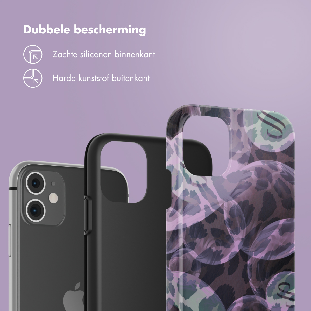 Drie telefoonhoesjes. Eén voor iPhone, één zwarte hoes en één met een bubbelontwerp.