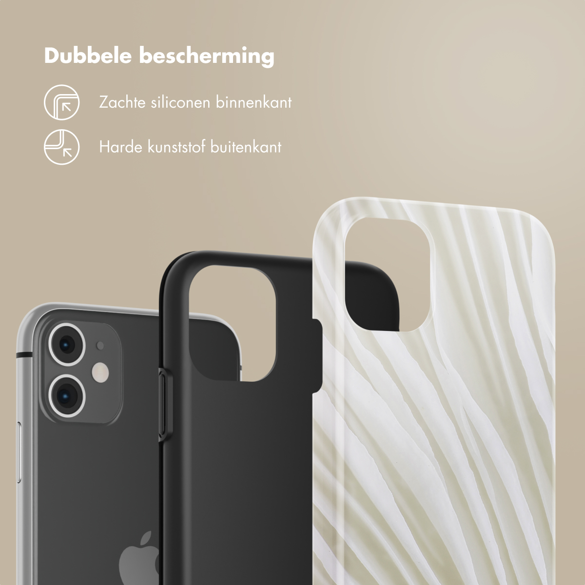 Trois coques de téléphone : noire, transparente et blanche. Le texte indique une double protection.