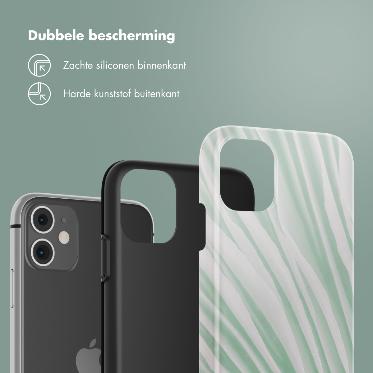Tre custodie per telefoni. Una trasparente, una nera e una con motivo bianco e verde. Testo olandese.