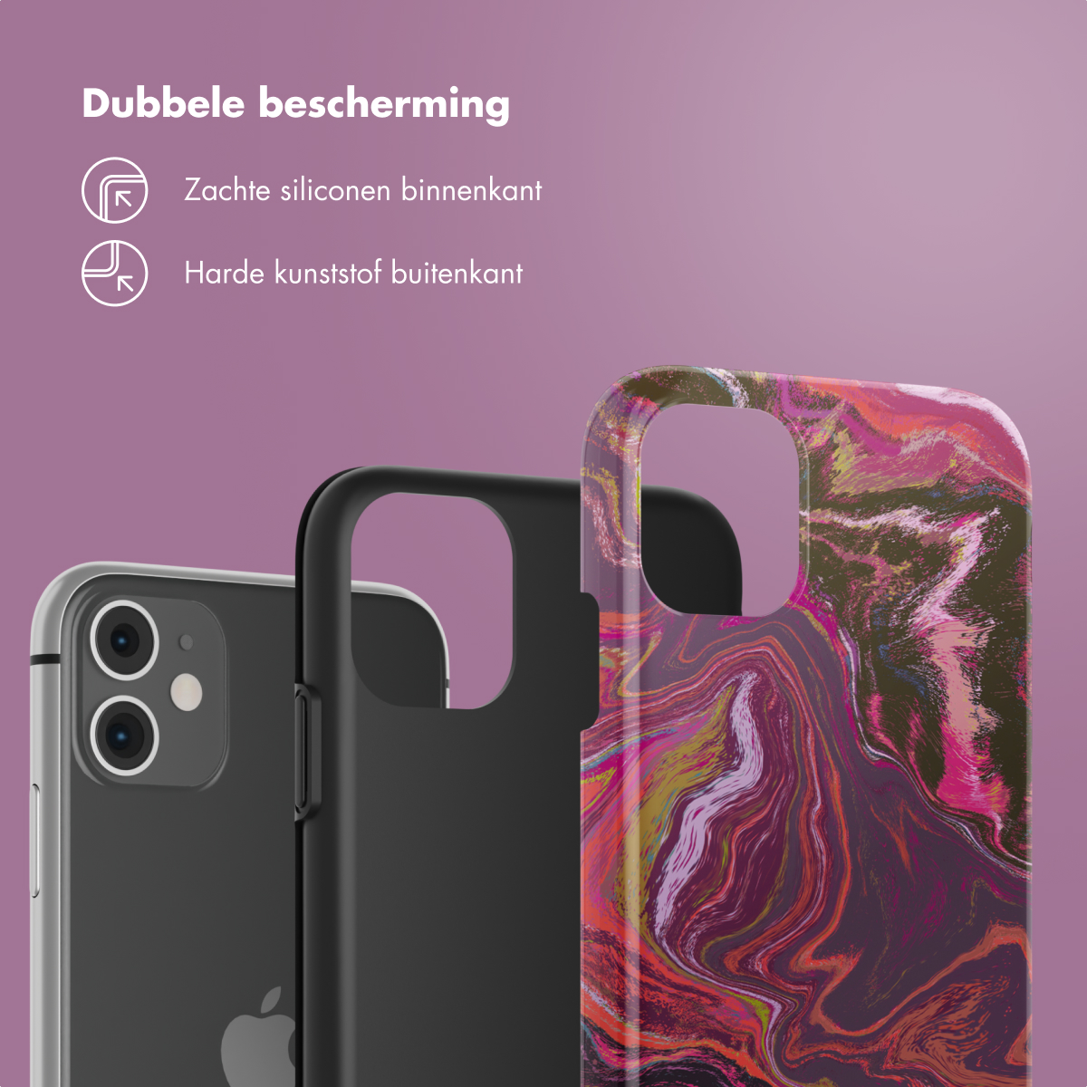 Telefoonhoesje met zwart interieur en kleurrijk patroon aan de buitenkant, naast een iPhone. Tekst: 'Dubbele bescherming'.