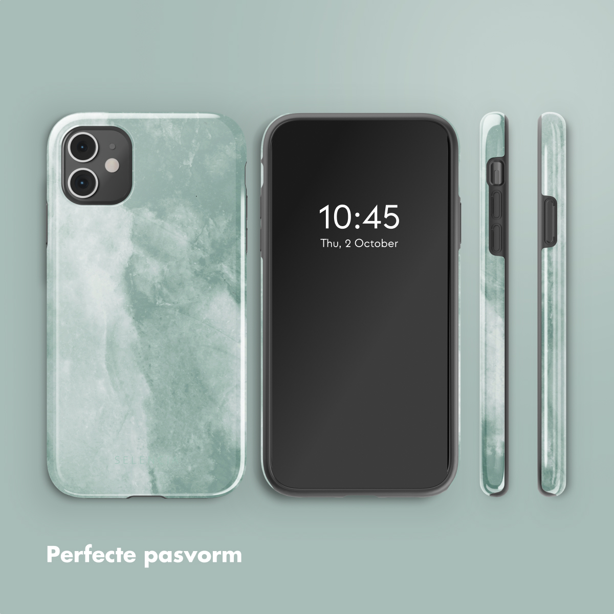 Un telefono con una custodia. Il telefono è su una superficie verde e il testo dice, Vestibilità perfetta.