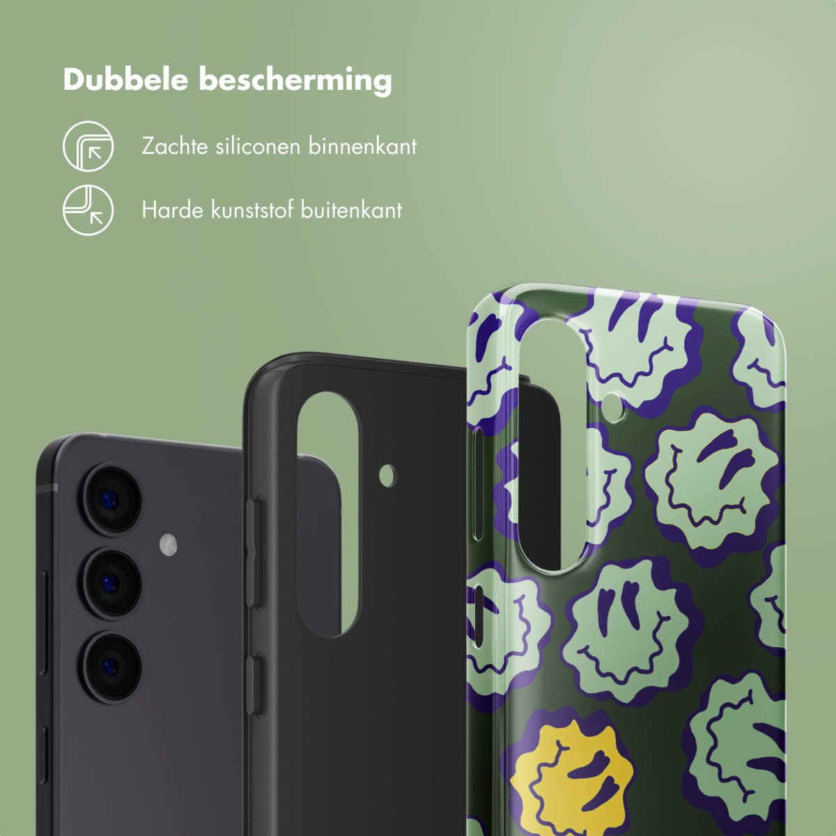 Coque de téléphone avec des visages souriants verts.