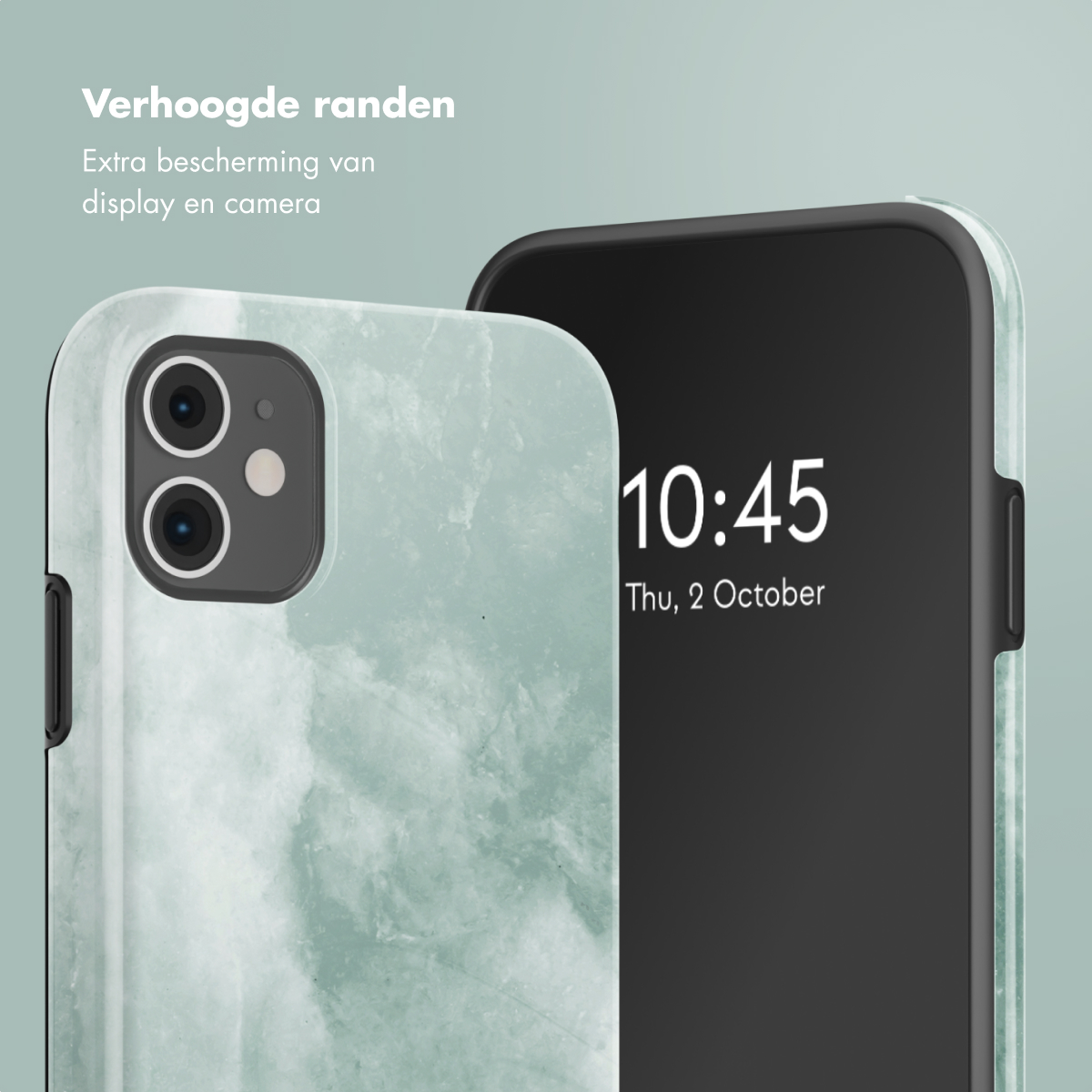 Due custodie per telefono, una con design marmorizzato, l'altra con schermo nero che mostra l'ora.