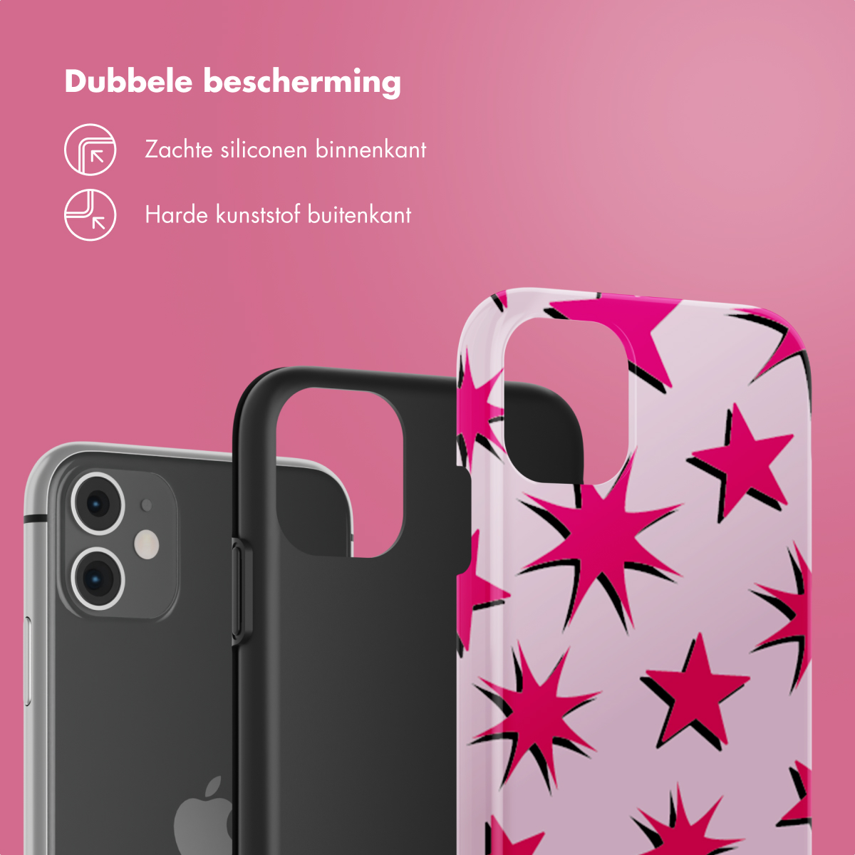 Drie telefoonhoesjes, een zwarte, een transparante en een met sterrenontwerp, tegen een roze achtergrond.