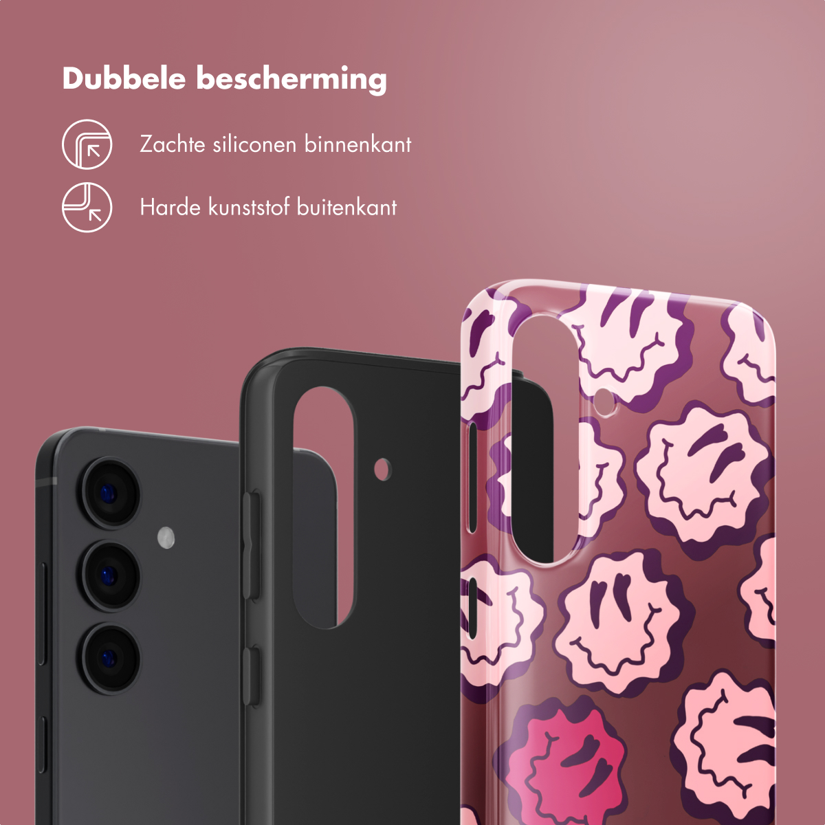 Coque de téléphone montrant une double protection : silicone souple à l'intérieur et plastique dur à l'extérieur. Motif smiley.