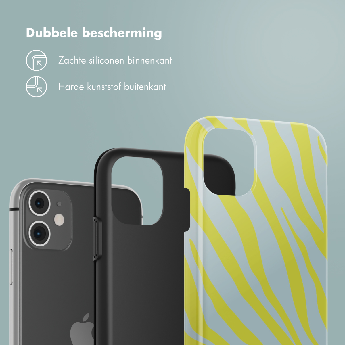 Coque de téléphone à rayures jaunes et un téléphone à l'intérieur, montrée avec d'autres coques.