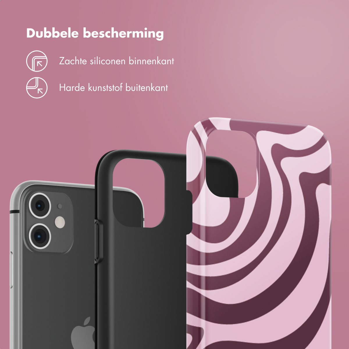 Custodie per telefono che mostrano doppia protezione. Una è nera, l'altra ha un design a spirale rosa, con un telefono.